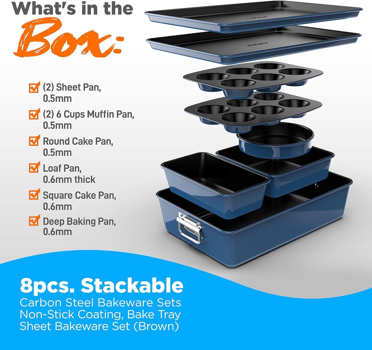 NutriChef 8-Piece Nonstick Stackable Bakeware Set - Pfoa, Pfos, Ptfe Free Baking Tray Set W/ Non-Stick Coating, 450°F Oven Safe, Round Cake, Loaf, Muffin, Wide/Square Pans, Cookie Sheet