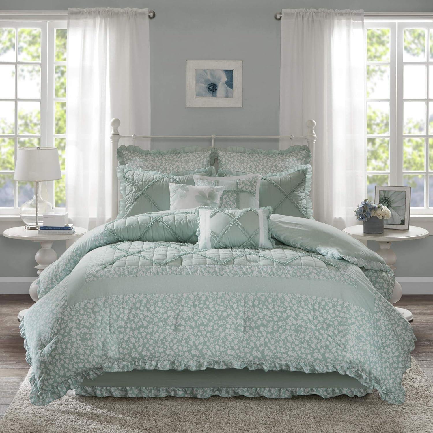 Seafoam Green Cotton Queen Comforter Set with Decorative Pillows