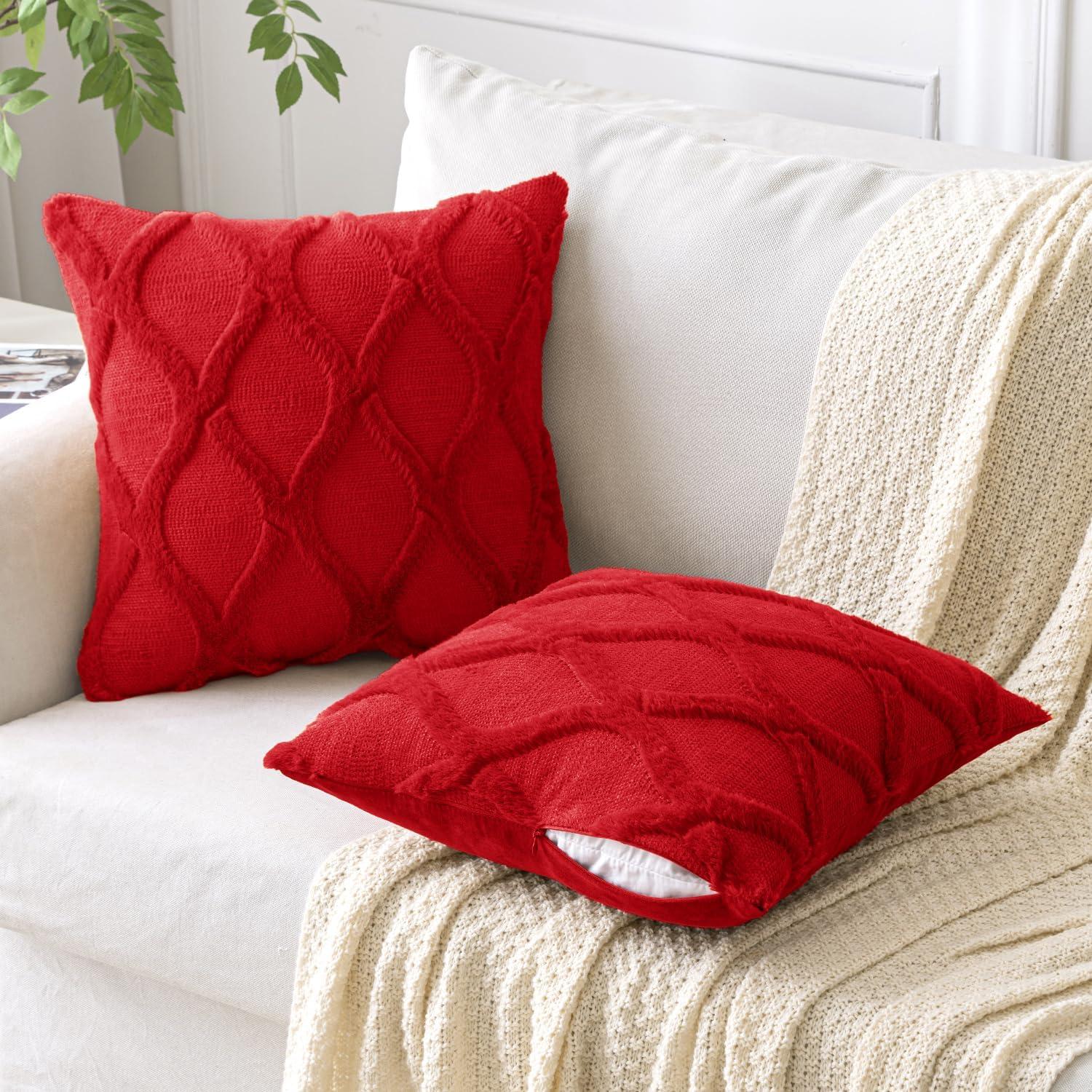 Red Plush Faux Wool Euro Throw Pillow Covers, 18x18 Inch, Set of 2