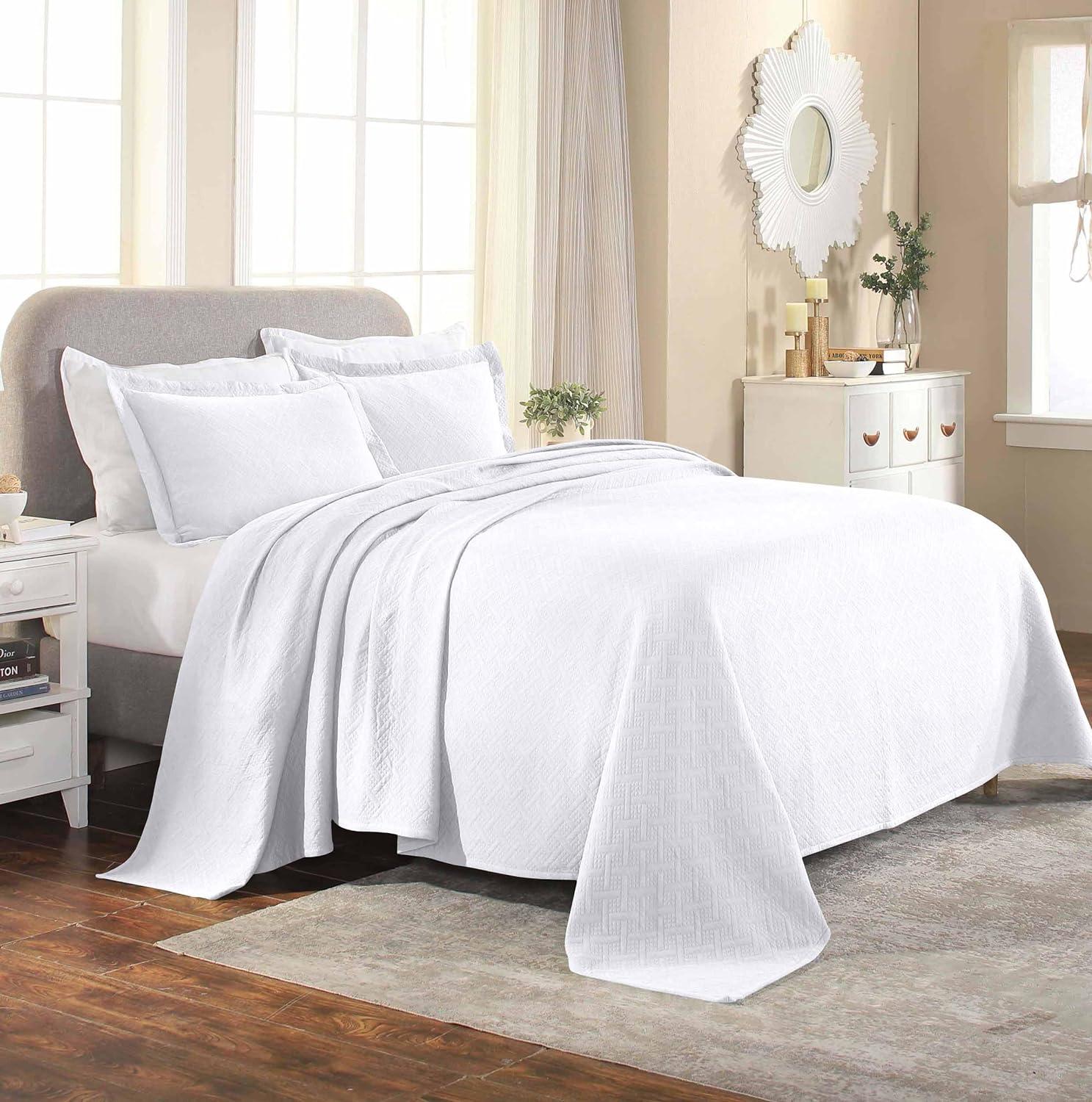 Superior 100% Cotton Basket Weave Bedspread 3 Piece Set, Full, White