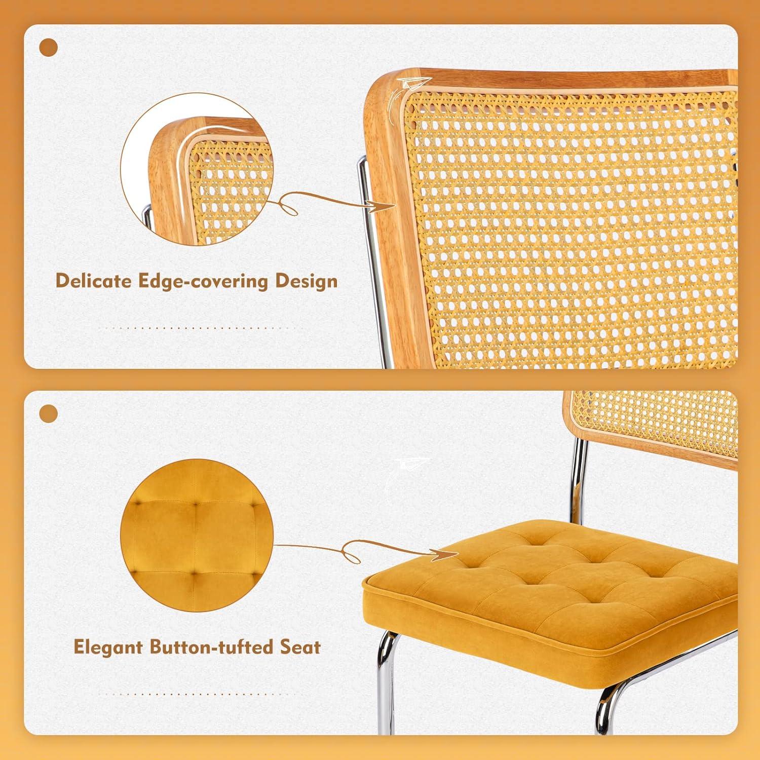 COLAMY Velvet Rattan Dining Chairs Set of 2, Mid Century Modern Dining Room Kitchen Side Chairs with Metal Chrome Legs and Upholstered Seat for Home, Living Room, Bedroom - Yellow