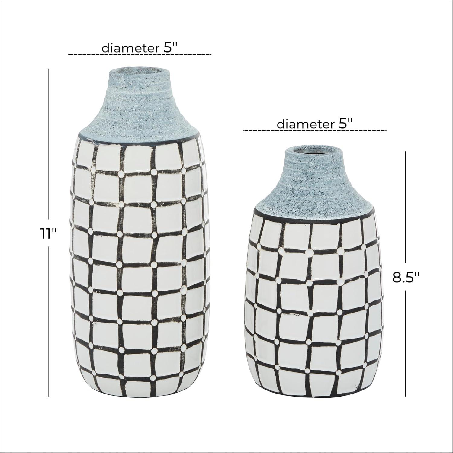 DecMode 11", 9"H Handmade White Ceramic Vase with Grid Pattern, Set of 2