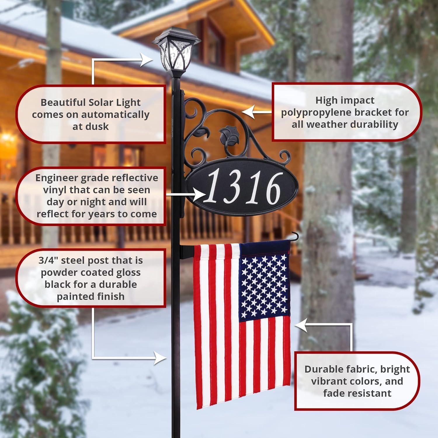Address America Park Place Oval Double-Sided Reflective Address Sign With American Flag And Solar Light-