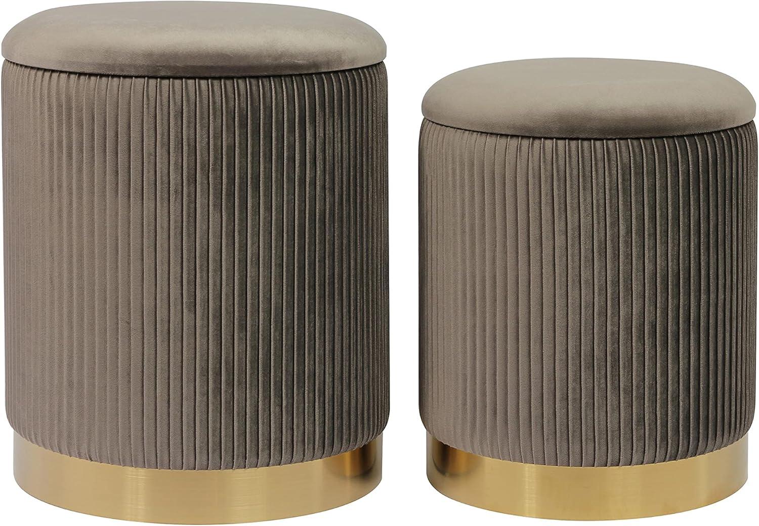 Contemporary Gray Velvet Round Storage Ottomans, Set of 2