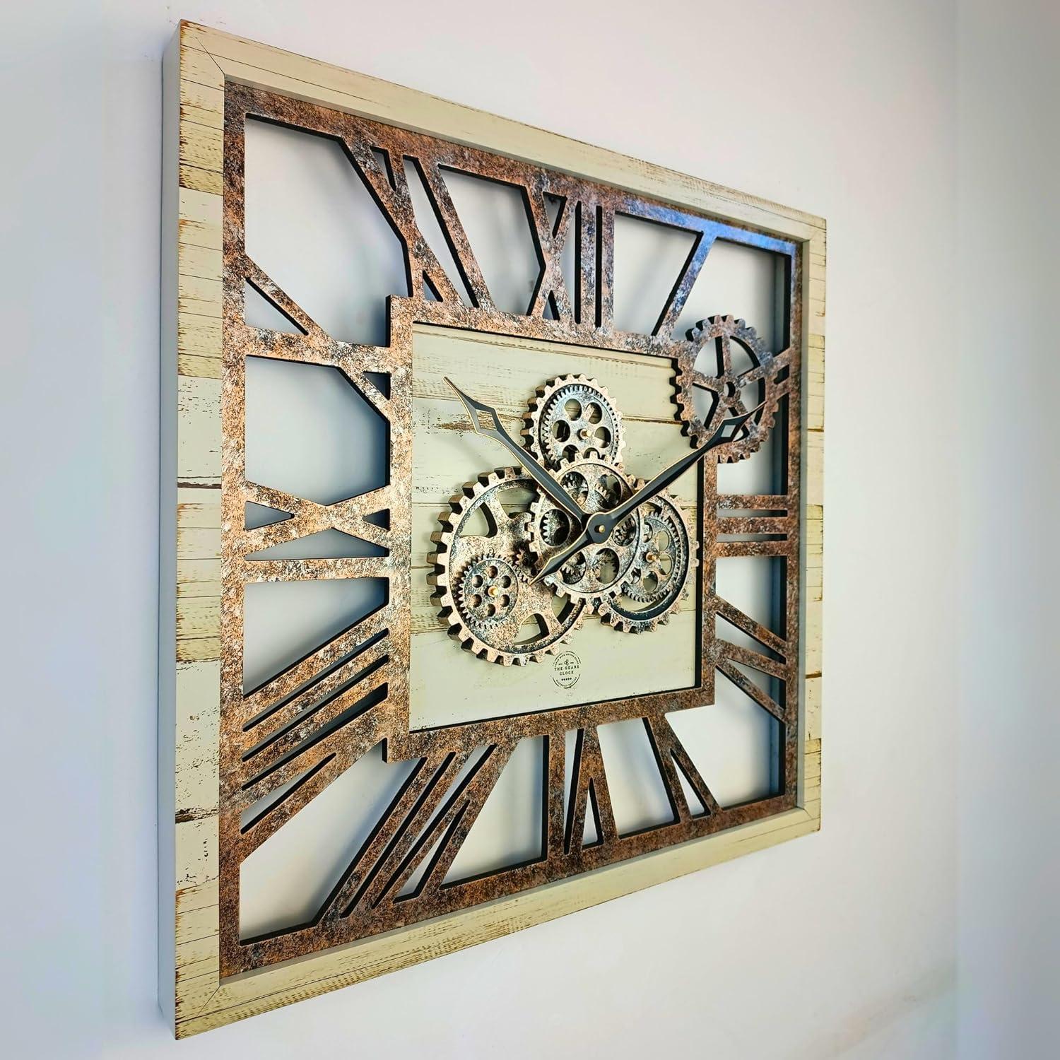 The Gears Clock Wall Clock 24" Square Oversized for Living Room decor with Real Moving Gears America Collection