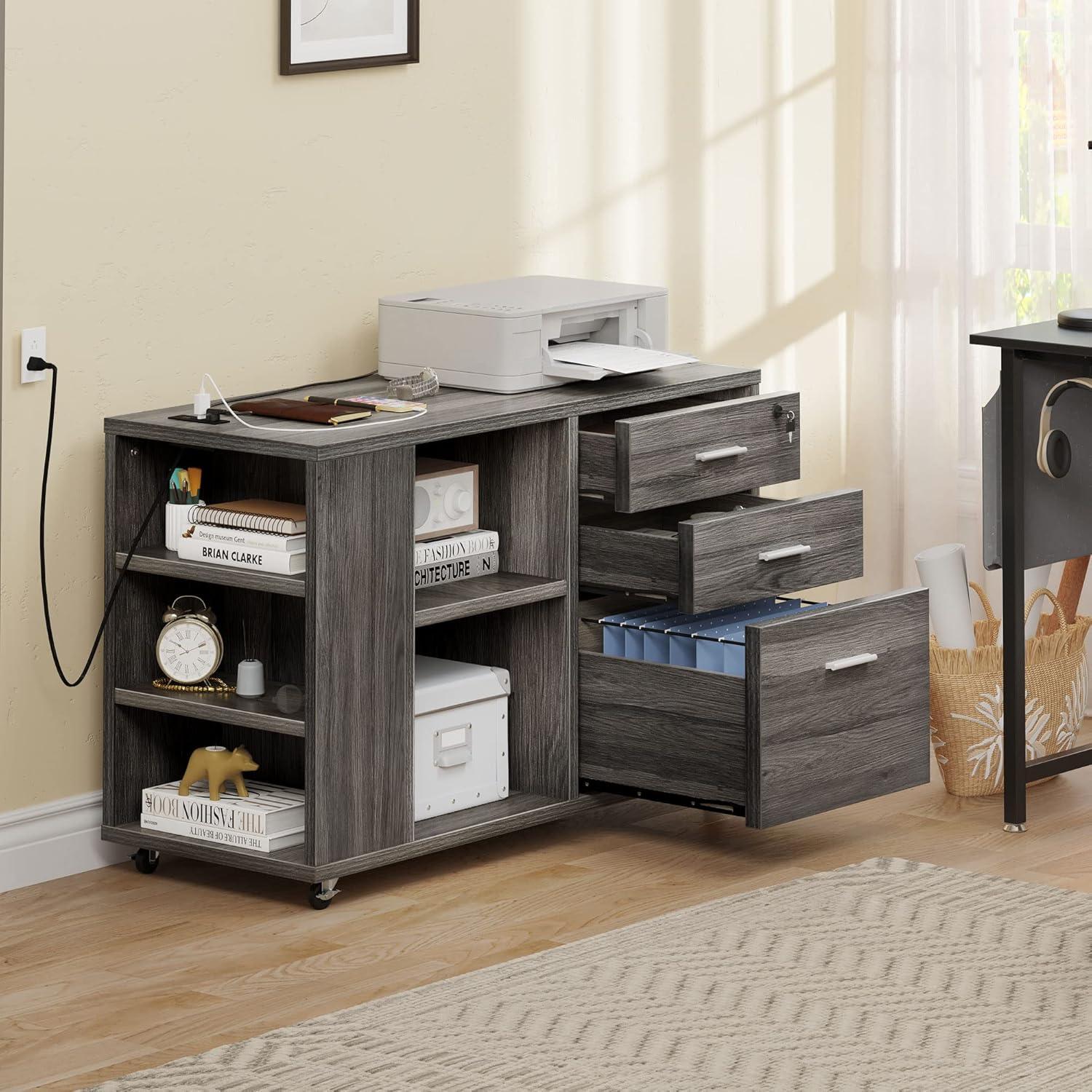 Gray Wood Mobile File Cabinet with Charging Station and Lock