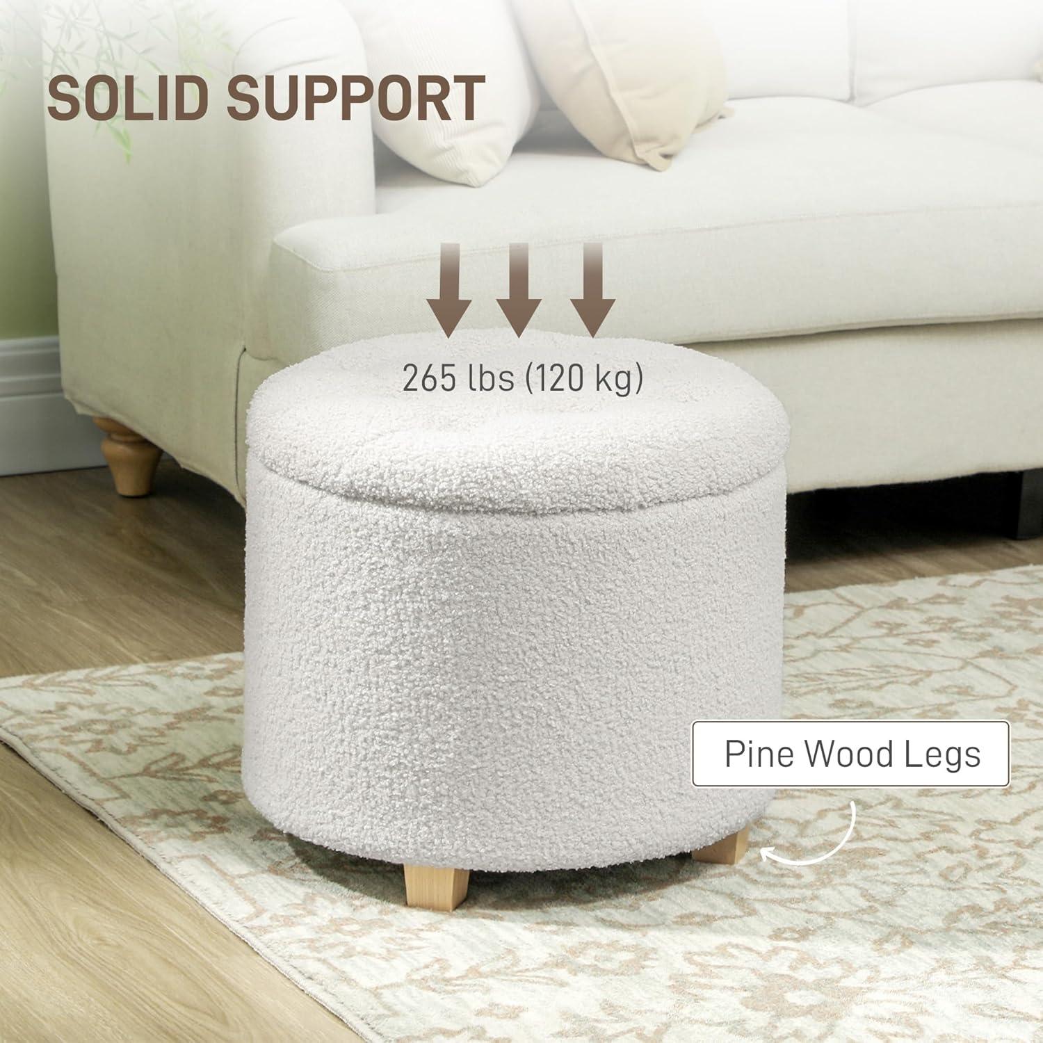 HOMCOM 18" Round Ottoman with Storage, Teddy Fleece Button Tufted Bedroom Stool with Removable Lid and Wood Legs for Living Room, Hallway, White