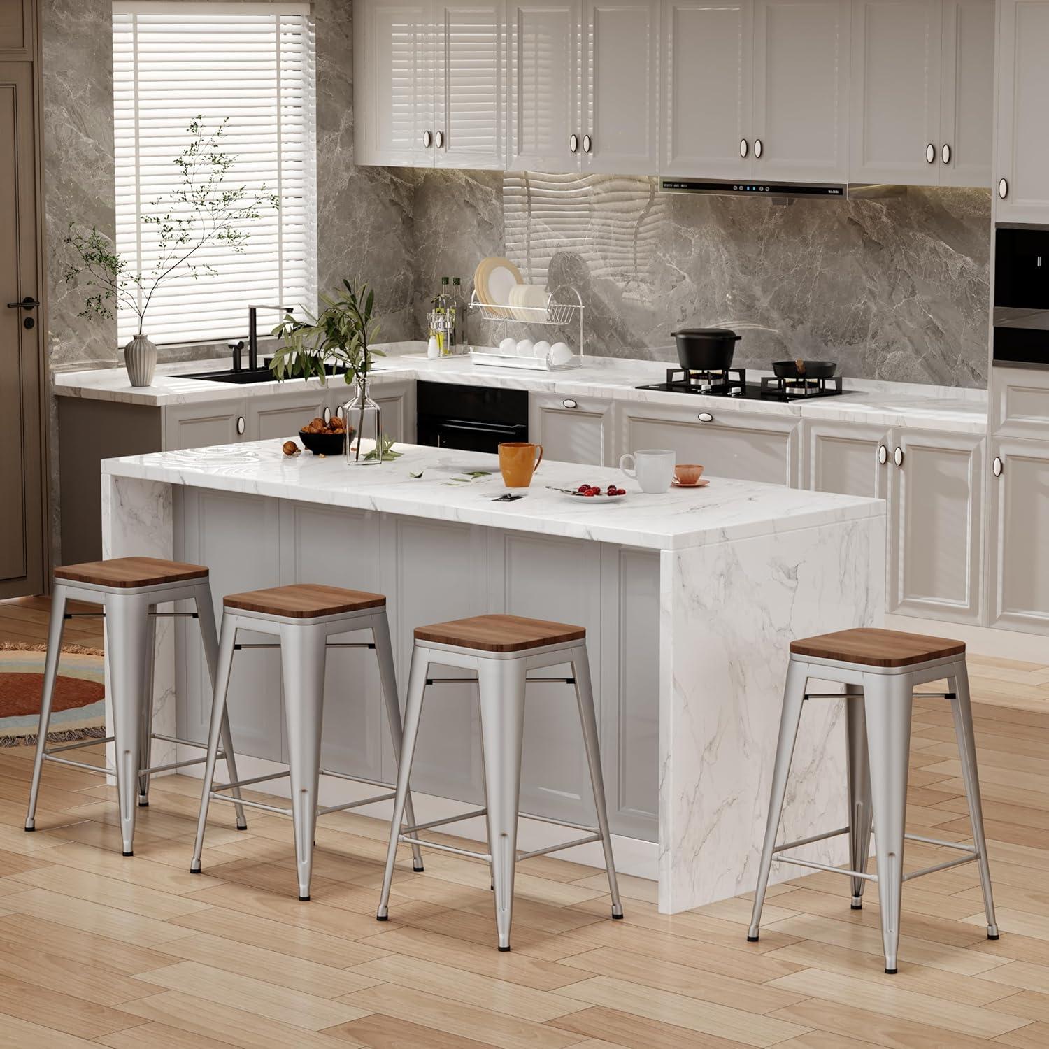 Drevy 26" Metal Counter Height Bar Stools Set of 4 Industrial Backless Kitchen Patio Counter Stool Stackable Barstools Wood Top-Silver