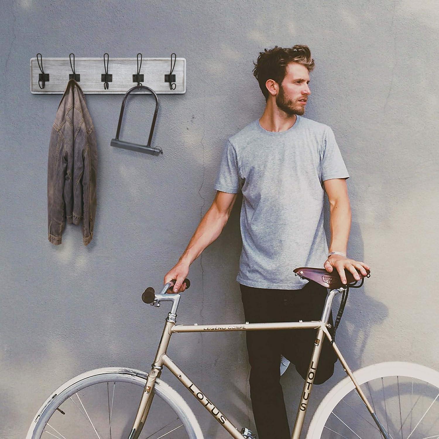 HBCY Creations Rustic Coat Rack with 5 Hooks - White Wash Wall Mount 24" Coat Rack - Solid Pine Wood Entryway Hanger - Farmhouse Coat Rack for Kitchen, Bedroom