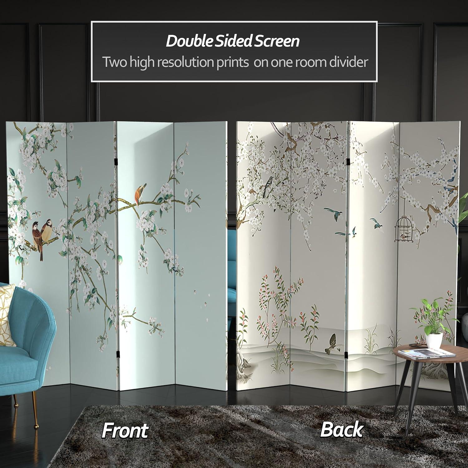 Oriental Furniture 6 Feet Tall Double Sided Birds and Plum Blossoms Canvas Room Divider