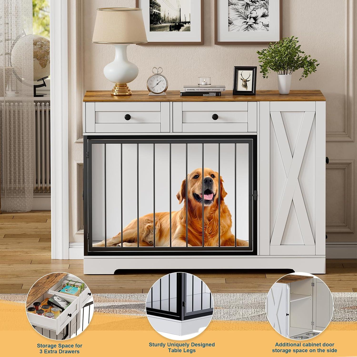 CABINAHOME Dog Crate Furniture Kennel with Double Doors Wooden Pet House with 2 Drawers and Pet Feeder Station Storage Cabinet, Indoor Dog Cage Farmhouse Modern Side End Table for Dogs, White