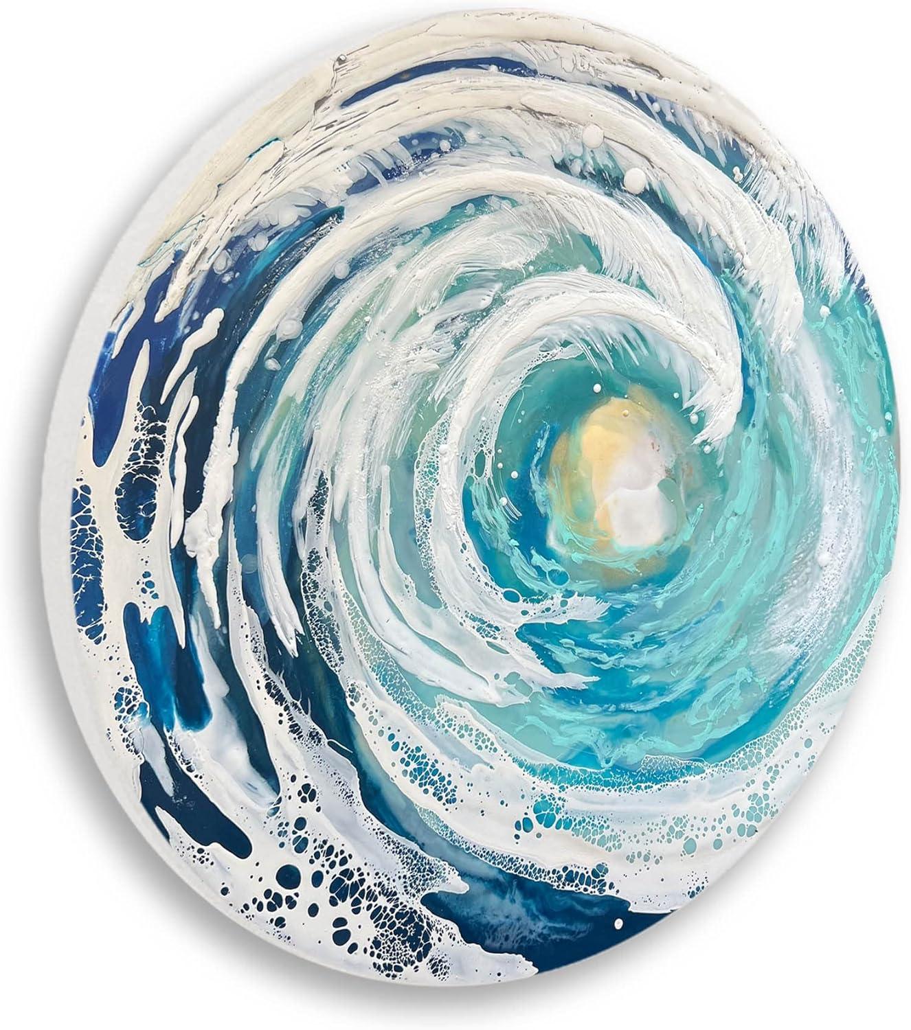 Round Ocean Waves Abstract Blue and White Wood Wall Art