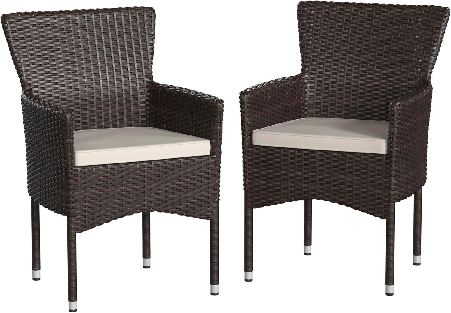 Flash Furniture Maxim Modern Espresso Wicker Patio Armchairs for Deck or Backyard, Fade and Weather-Resistant Frames and Cream Cushions-Set of 2