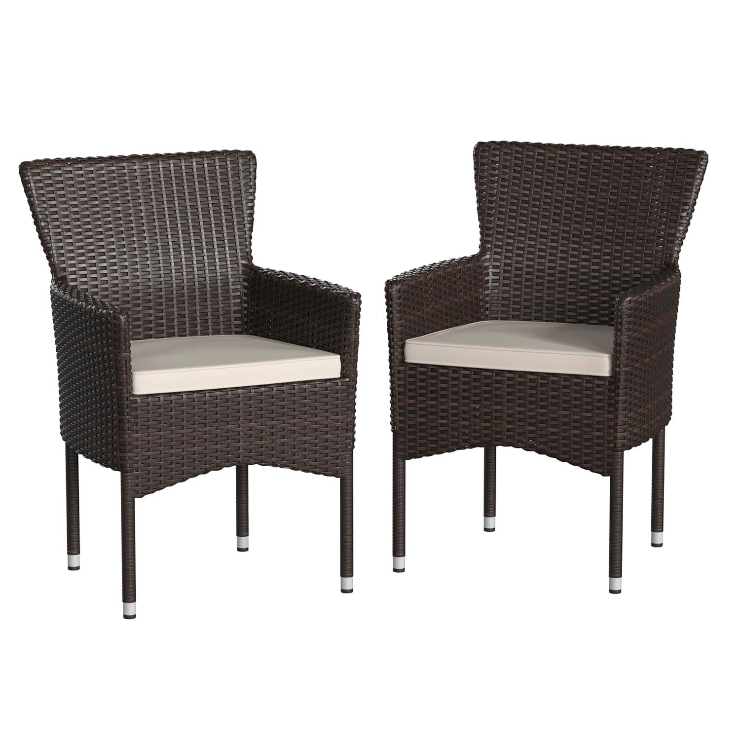 Flash Furniture Maxim Modern Espresso Wicker Patio Armchairs for Deck or Backyard, Fade and Weather-Resistant Frames and Cream Cushions-Set of 2