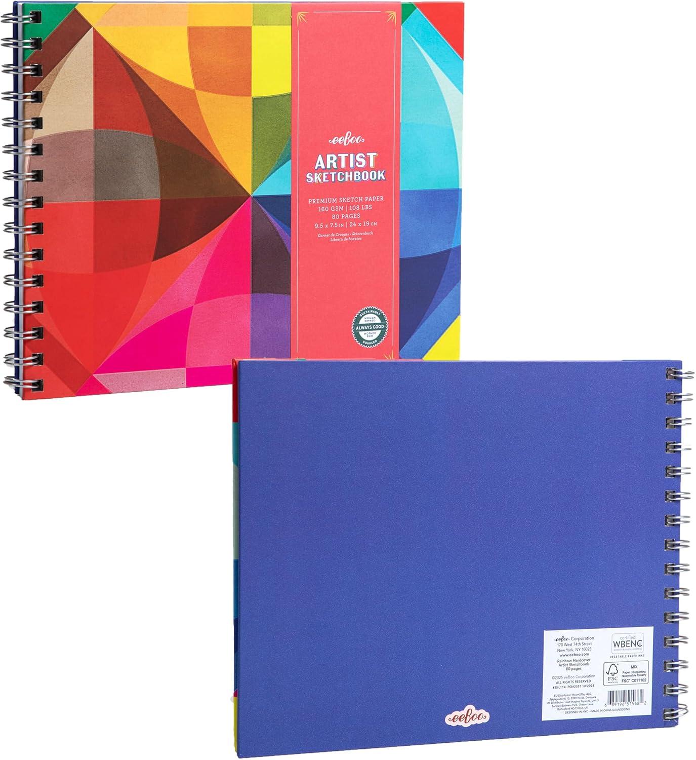 eeBoo: Artist Sketchbook - Rainbow - 80 Pages of High-Quality Paper, 160 GSM, 108 Lbs, 9.5 x 7.5" Wire-Bound Hardcover Drawing Book w/ Colorful Cover