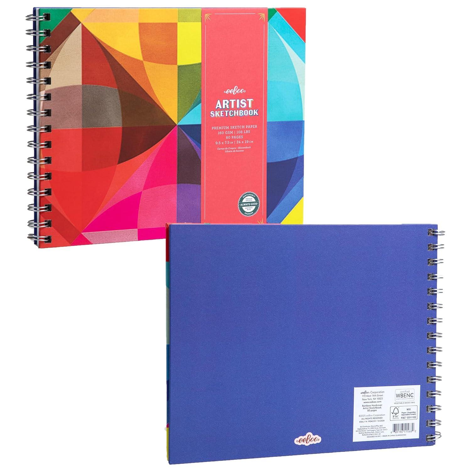eeBoo: Artist Sketchbook - Rainbow - 80 Pages of High-Quality Paper, 160 GSM, 108 Lbs, 9.5 x 7.5" Wire-Bound Hardcover Drawing Book w/ Colorful Cover