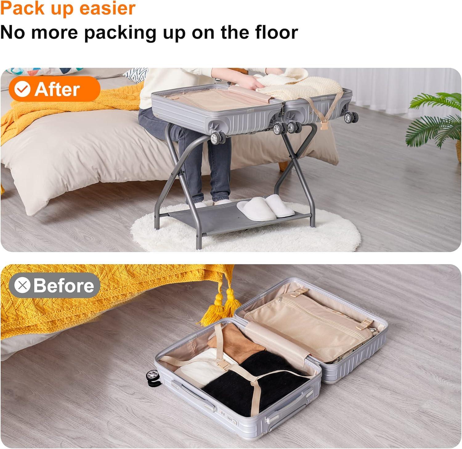 MEBROT Set Of 2, Foldable Suitcase Stands For Guest Room, Metal Luggage Holder With Storage Shelf For Bedroom, Hotel, Easy Assemble