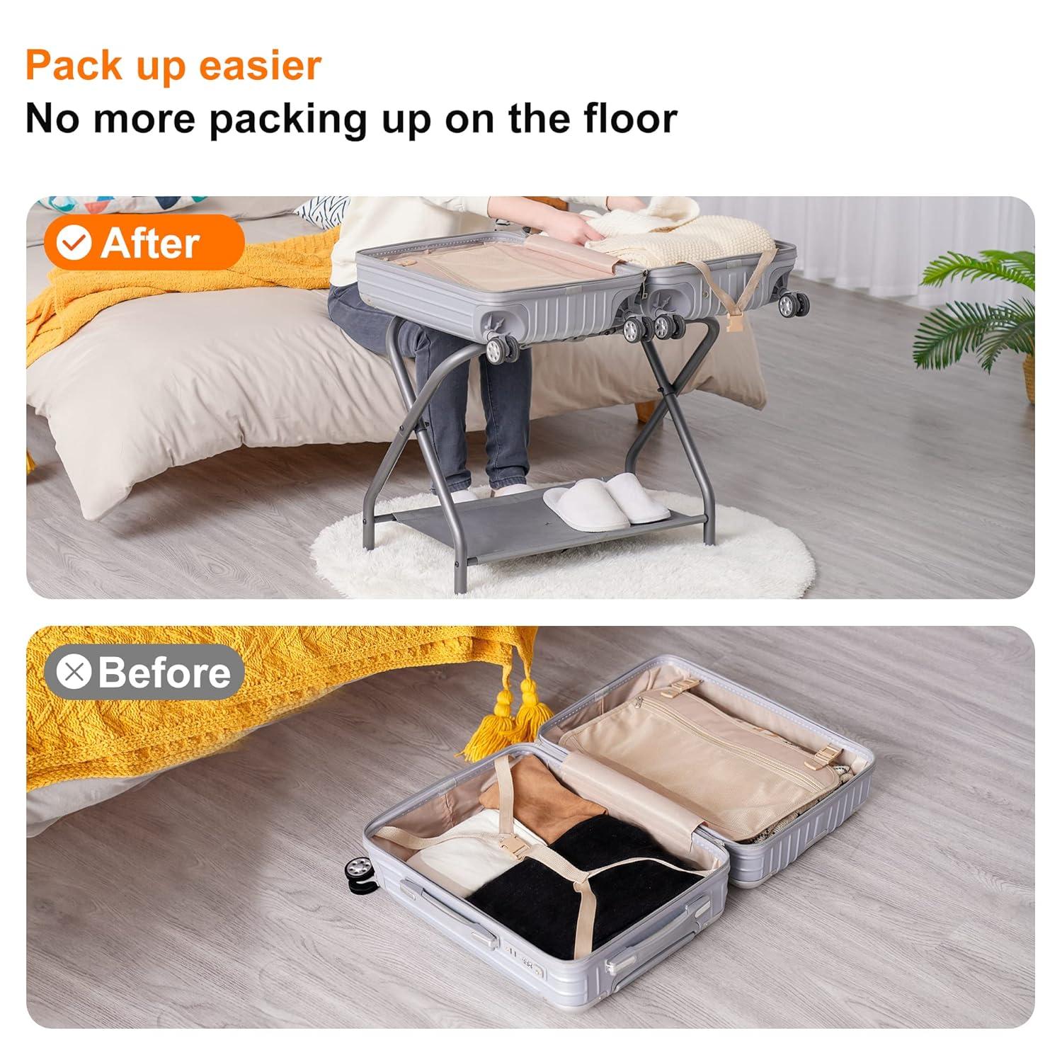 MEBROT Set Of 2, Foldable Suitcase Stands For Guest Room, Metal Luggage Holder With Storage Shelf For Bedroom, Hotel, Easy Assemble