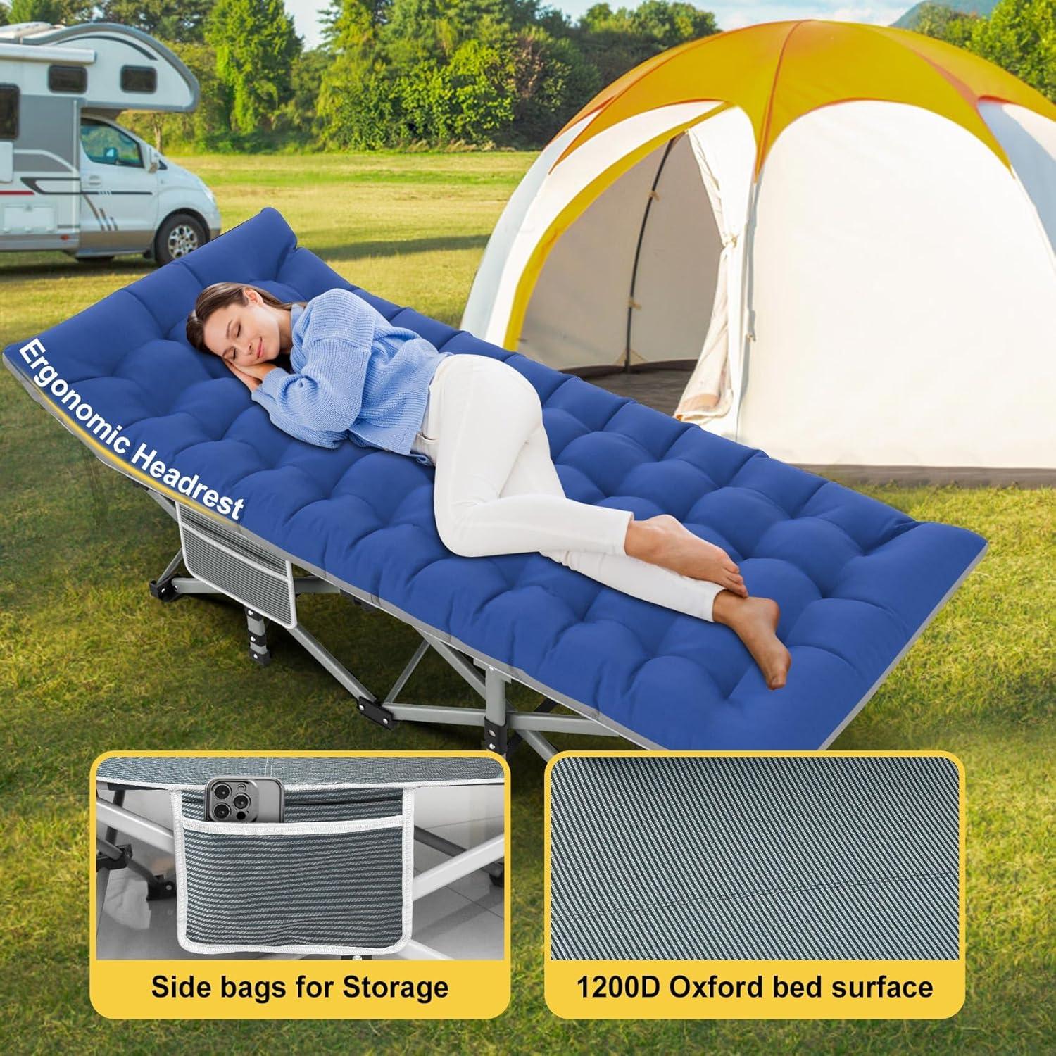 Blue Folding Camping Cot with Mattress and Carry Bag