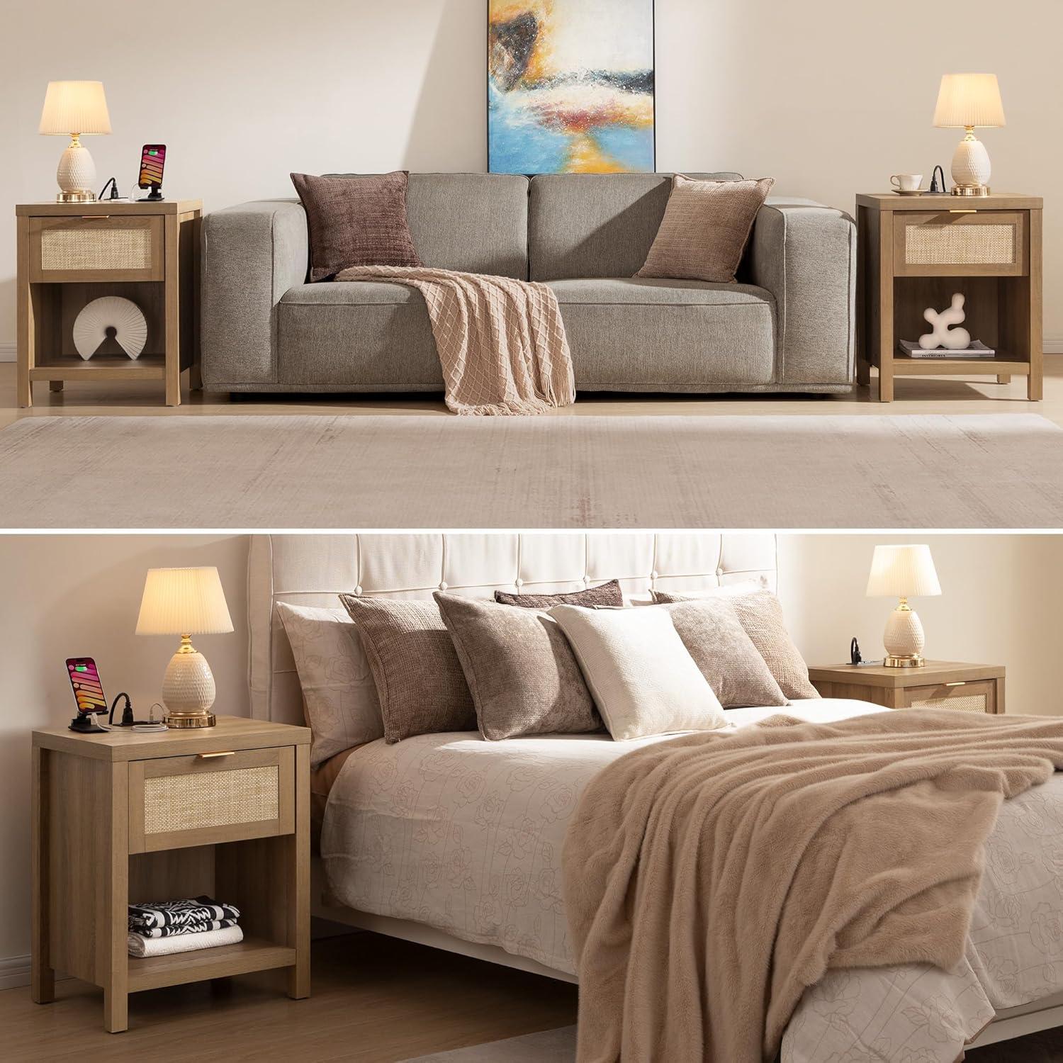 SICOTAS Rattan Nightstands Set of 2 - Farmhouse Night Stand with Drawer and Storage Shelf - Boho Bedside Table End Side Table for Bedroom, Oak