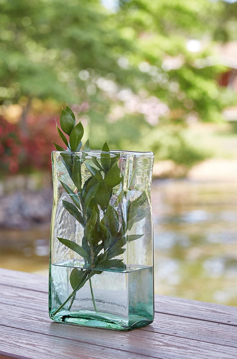 Green Fluted Glass Vase with Wide Opening, 12"