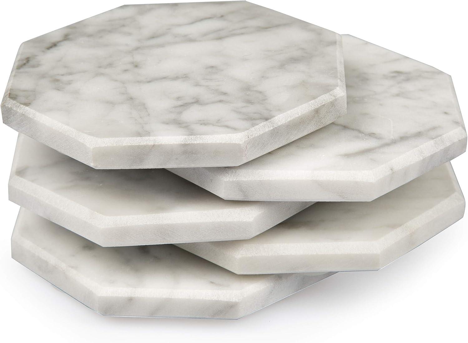 D'Eco White Carrara Marble Coasters w/ Bamboo Holder - Set of 5 - Tabletop Protection- Fits Any Size Wine Glass, Cup, Mug - Great Mother's Day Gift