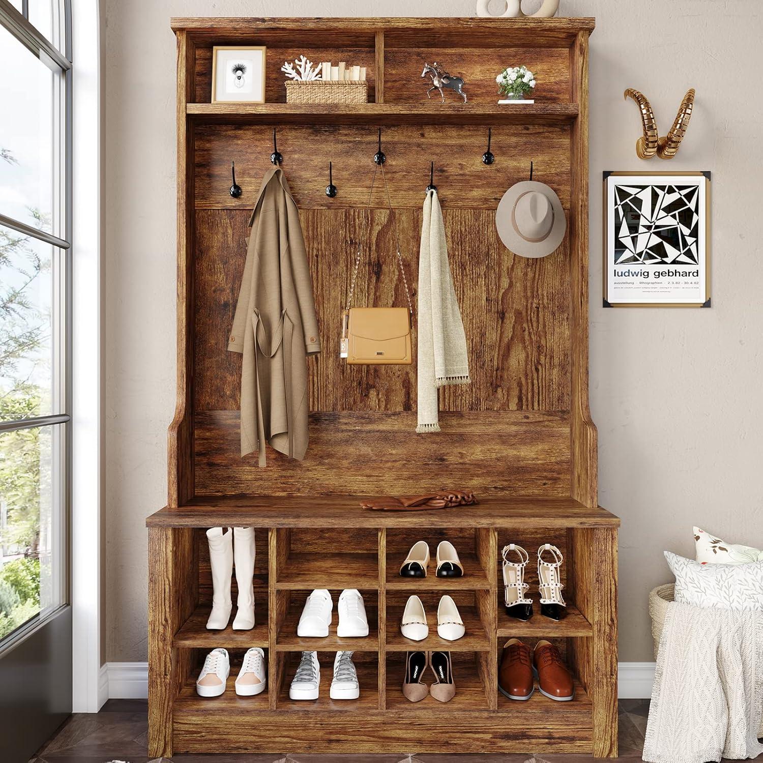 Brown Particle Board Hall Tree with Bench and Storage