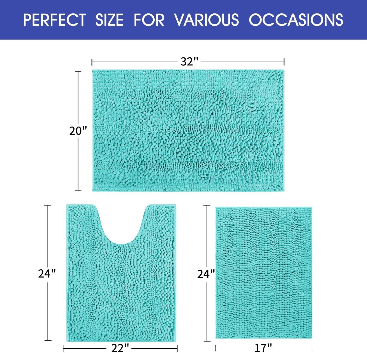 ACCUMTEK Striped Atlantic Blue Bathroom Rug Set 3 Pieces Ultra Soft, Non Slip Chenille Toilet Mat, Absorbent Plush Shaggy Bath Mats for Bathroom, Bedroom, Kitchen
