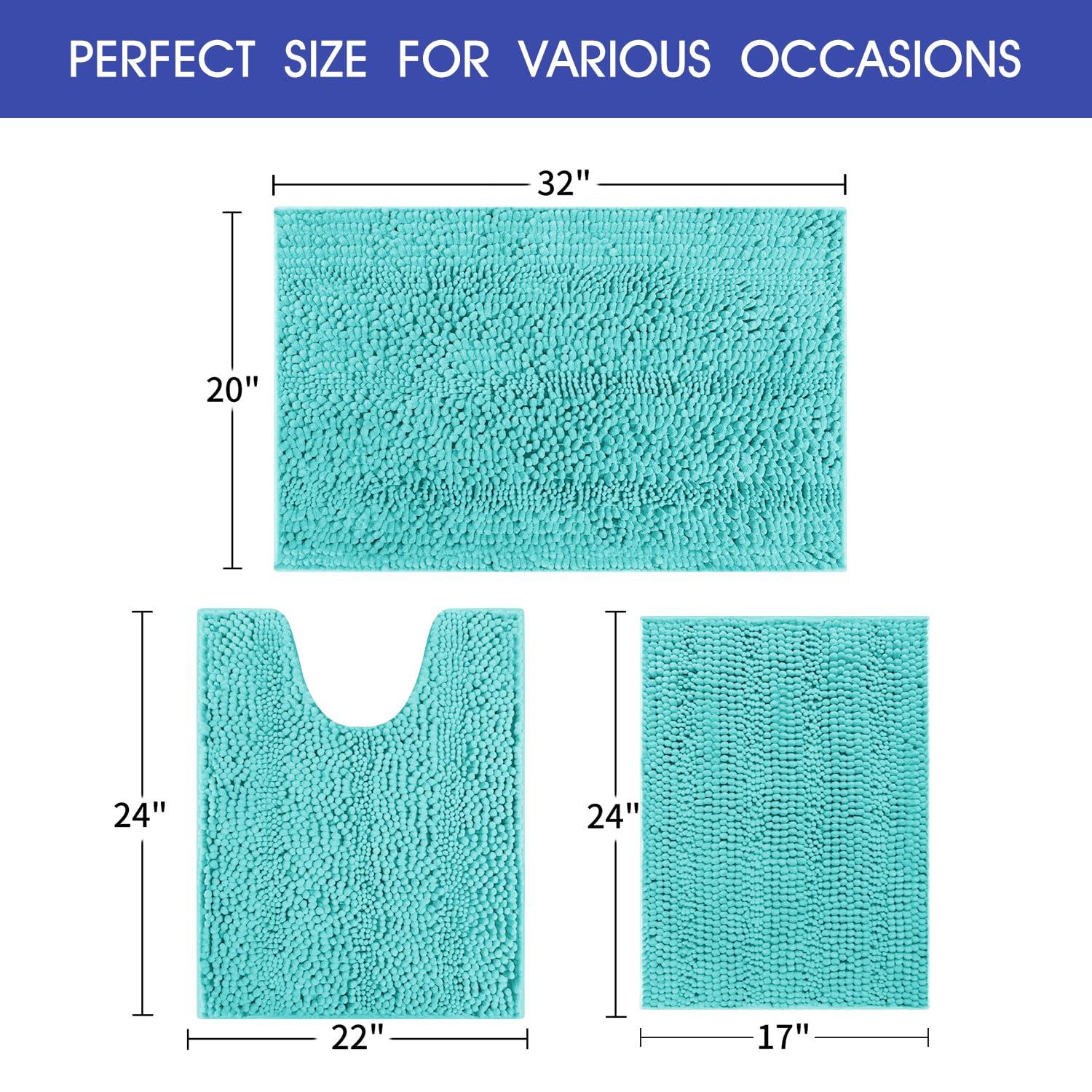 ACCUMTEK Striped Atlantic Blue Bathroom Rug Set 3 Pieces Ultra Soft, Non Slip Chenille Toilet Mat, Absorbent Plush Shaggy Bath Mats for Bathroom, Bedroom, Kitchen