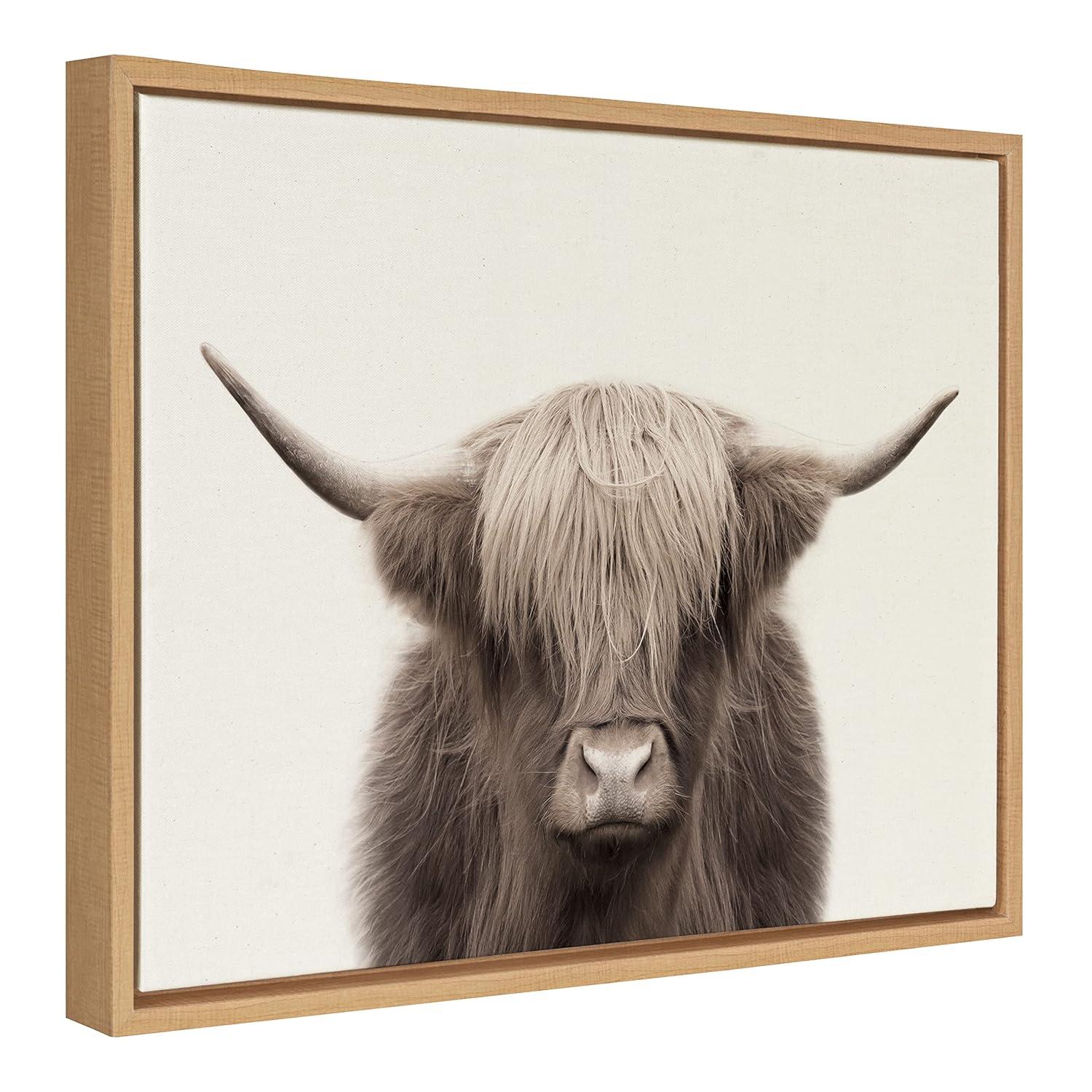Kate and Laurel Sylvie Hey Dude Highland Cow Color Framed Canvas by The Creative Bunch Studio, 18x24, Natural
