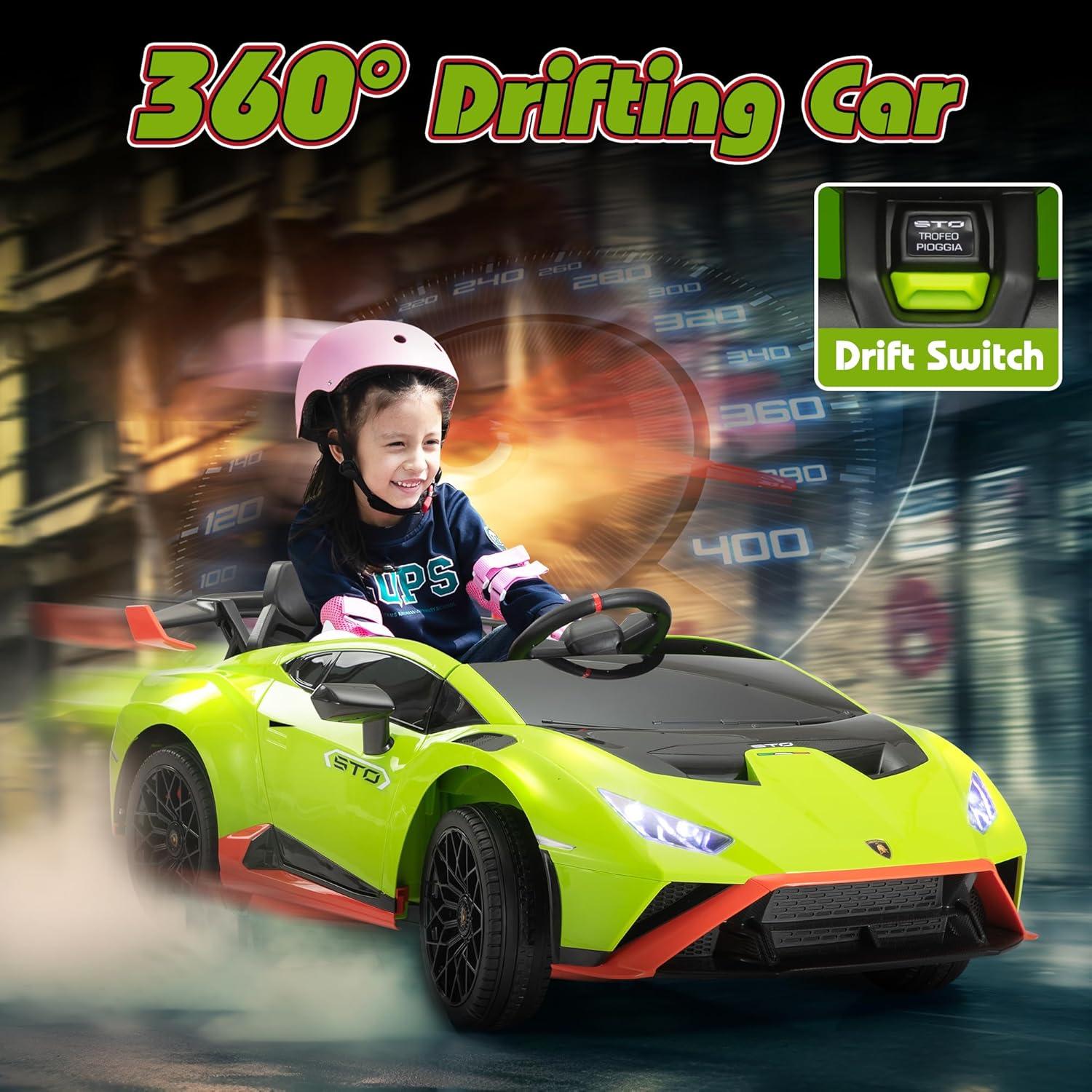 Track 7 12V Kids Ride on Car, Licensed Lamborghini STO Electric Car for Kids Age 3+, Remote Control, Music, Motorized Drift Electric Vehicle, Max Speed 5mph, Green