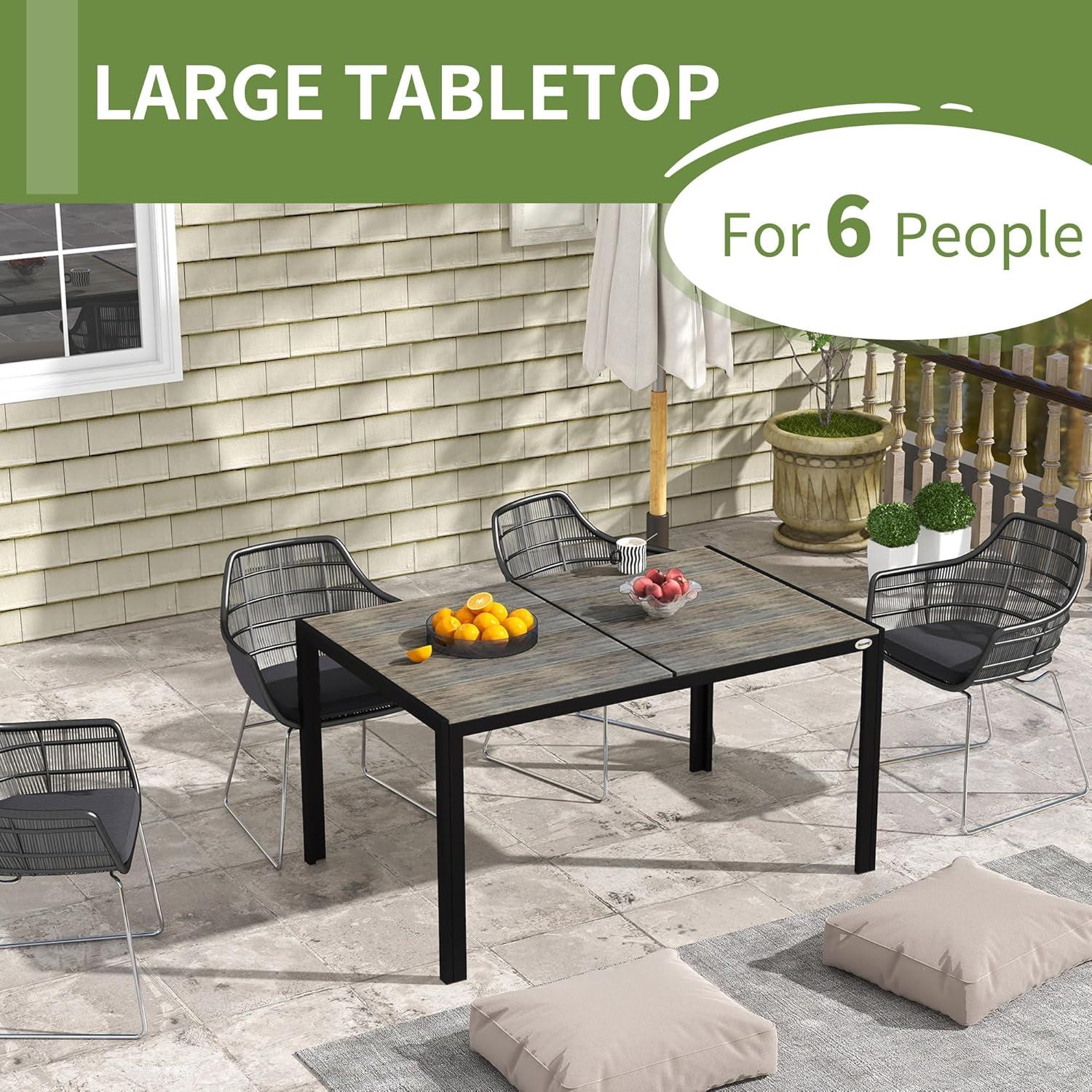 Outsunny Outdoor Dining Table for 6 People, Aluminum Rectangular Patio Table with Faux Wood Tabletop for Backyard, Lawn, 55" x 35.5", Gray