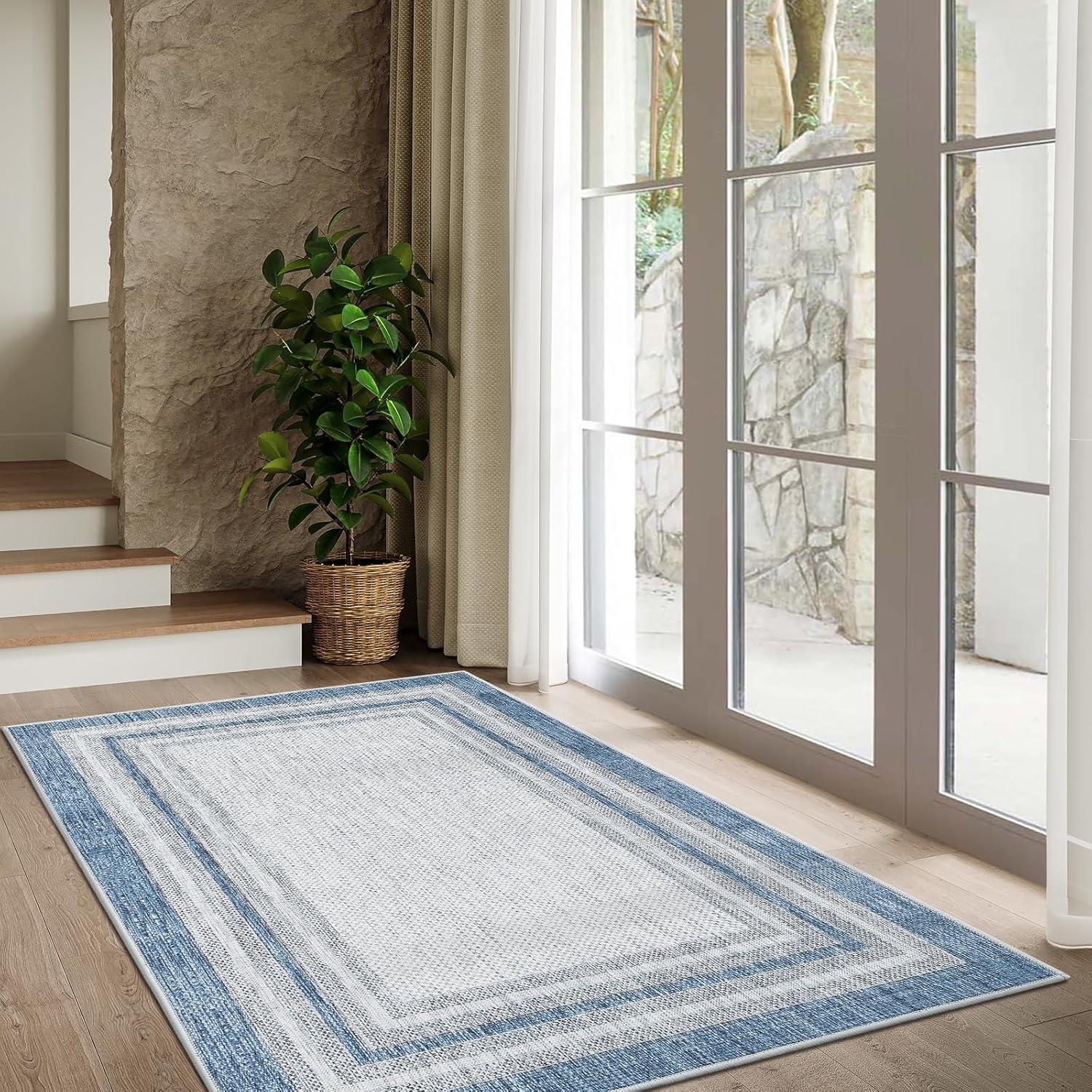 Aoile 4'x6' Washable Area Rug, Geometric Printed Rugs with Non Slip for Living Room Bedroom Dining Room, Navy