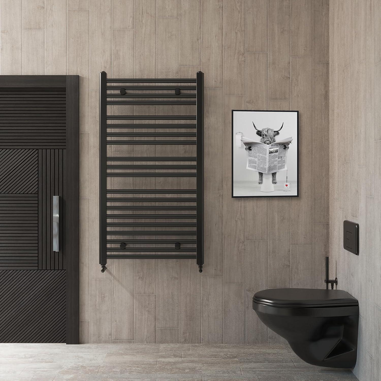 Modern Black Framed Highland Cow Wall Art Minimalist Bathroom Wall Decor Cute Funny Animals Artwork Canvas Prints Ready to Hang for Guest Bathroom, Hotel, Condo, Kids Bathroom, 12”x16”