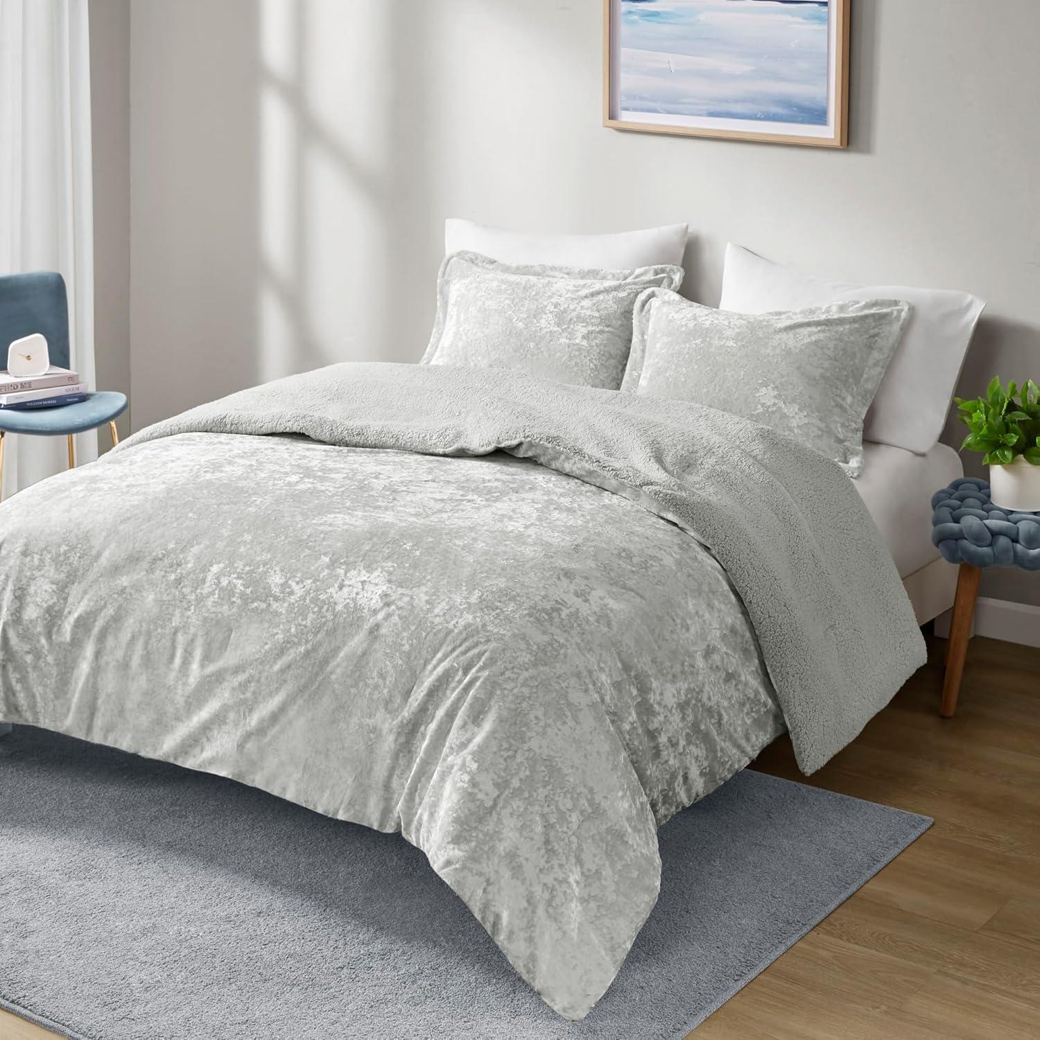 Twin/Twin XL Arabella Crushed Velvet to Faux Shearling Soft Reversible Teen Comforter Set Silver - Intelligent Design: Hypoallergenic Velvet Bedding