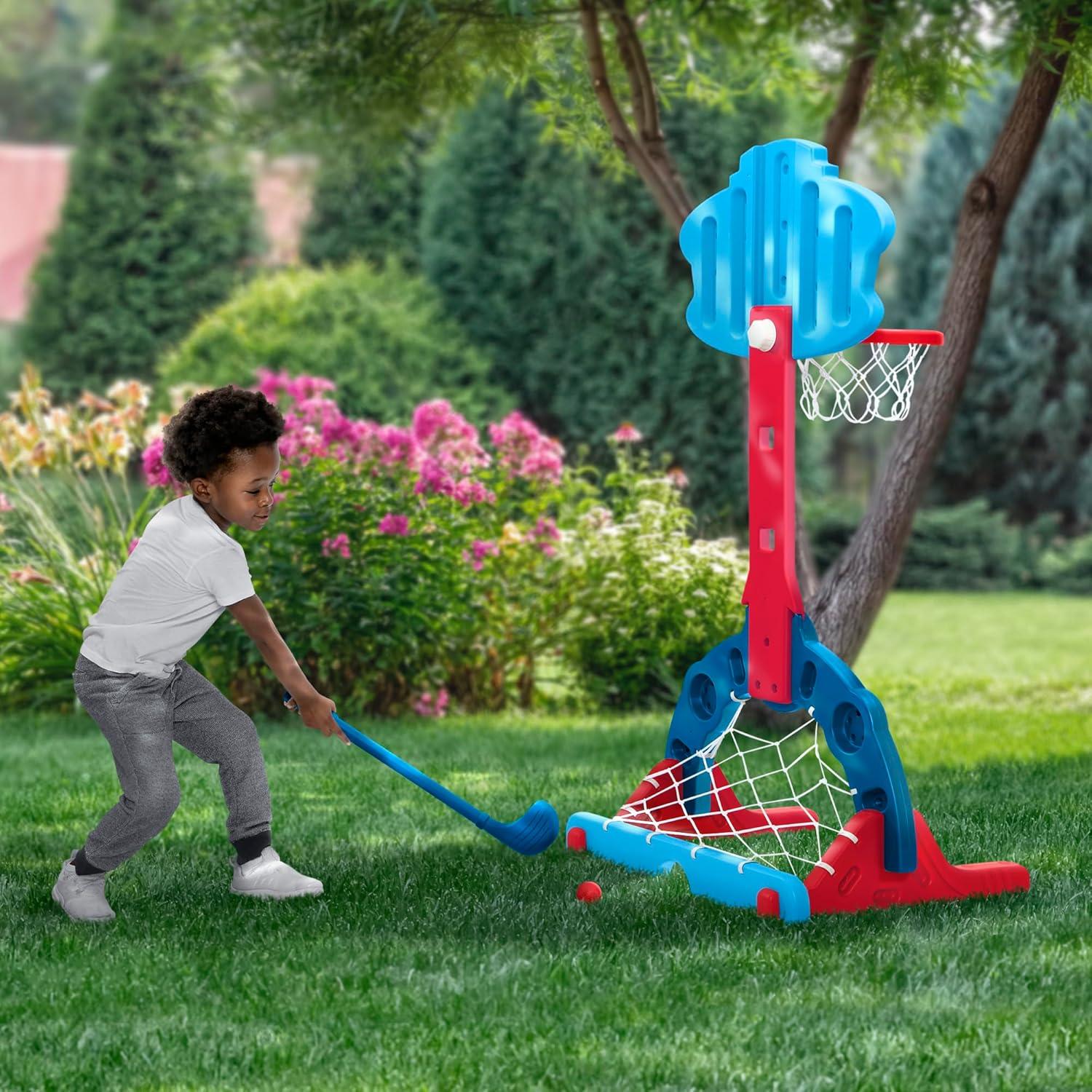 Delta Children - PAW Patrol 4-In-1 Sports Center – Adjustable Easy Score Basketball Hoop, Soccer/Hockey Net And Golf Game – Set Includes: 1 Basketball, 1 Soccer Ball, 2 Golf/Hockey Clubs, 4 Golf/Hockey Balls, Blue