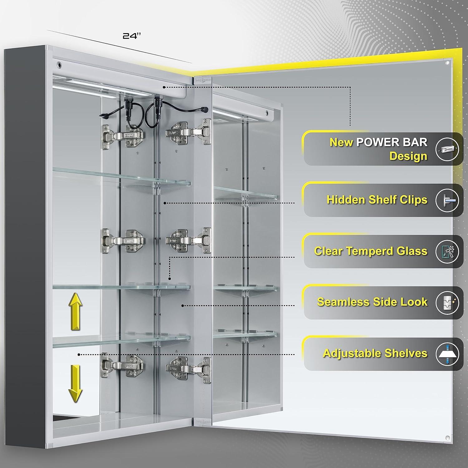 DECADOM LED Mirror Medicine Cabinet Recessed or Surface, Dimmer, Clock, Room Temp Display, Dual Outlets (Duna 24x32 RT)