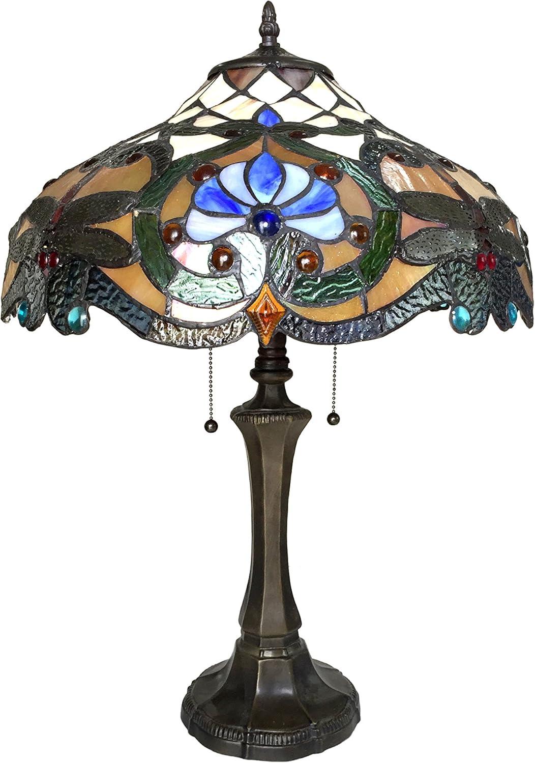 Amberwing Art Nouveau Bronze Dragonfly Stained Glass Table Lamp