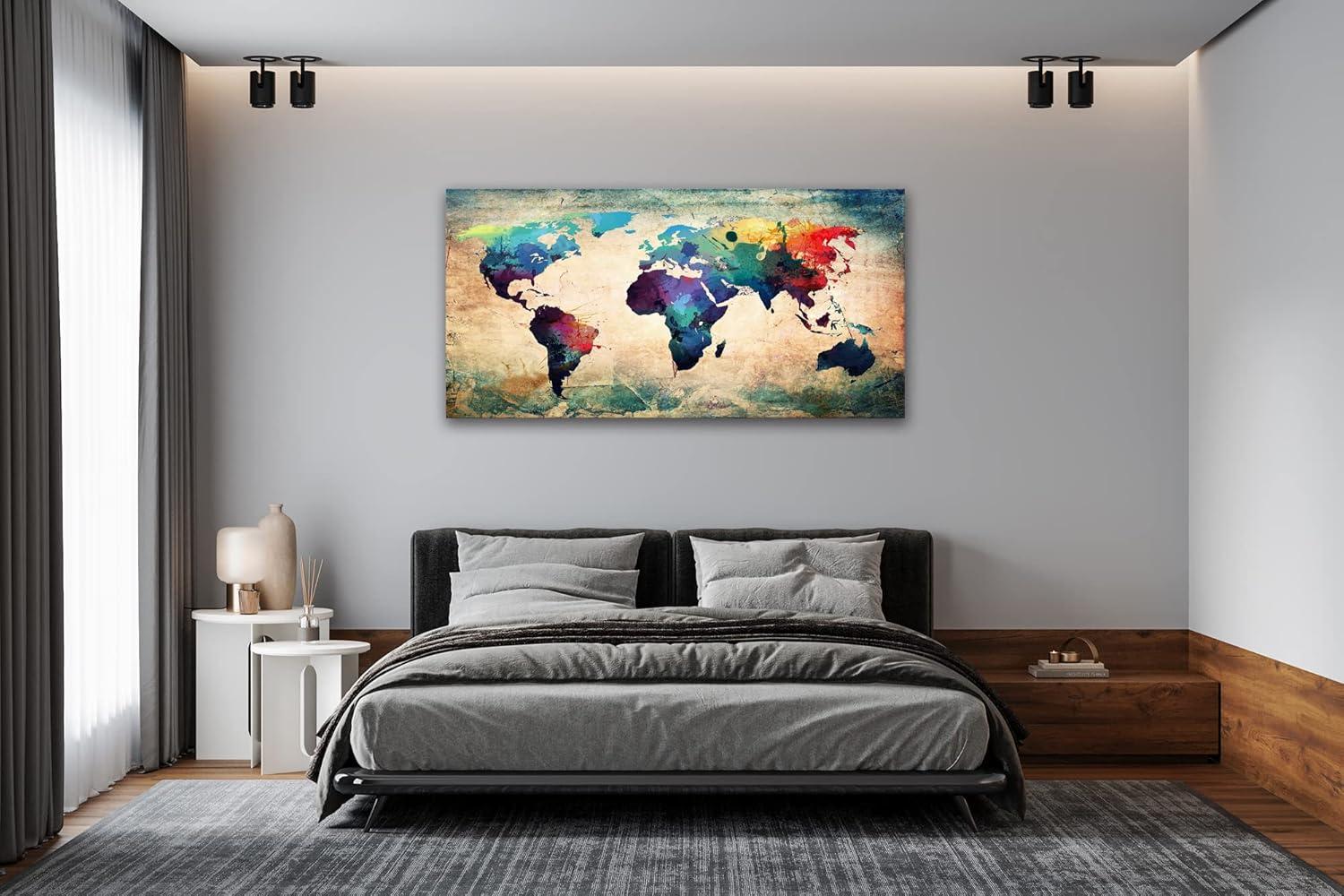 Baisuwallart A62075 Abstract World Map Canvas Painting Vintage Posters and Prints Colorful Wall Art Wall Pictures Artwork Framed Ready to Hang for Living Room Bedroom Office Home Decor 30x60inch