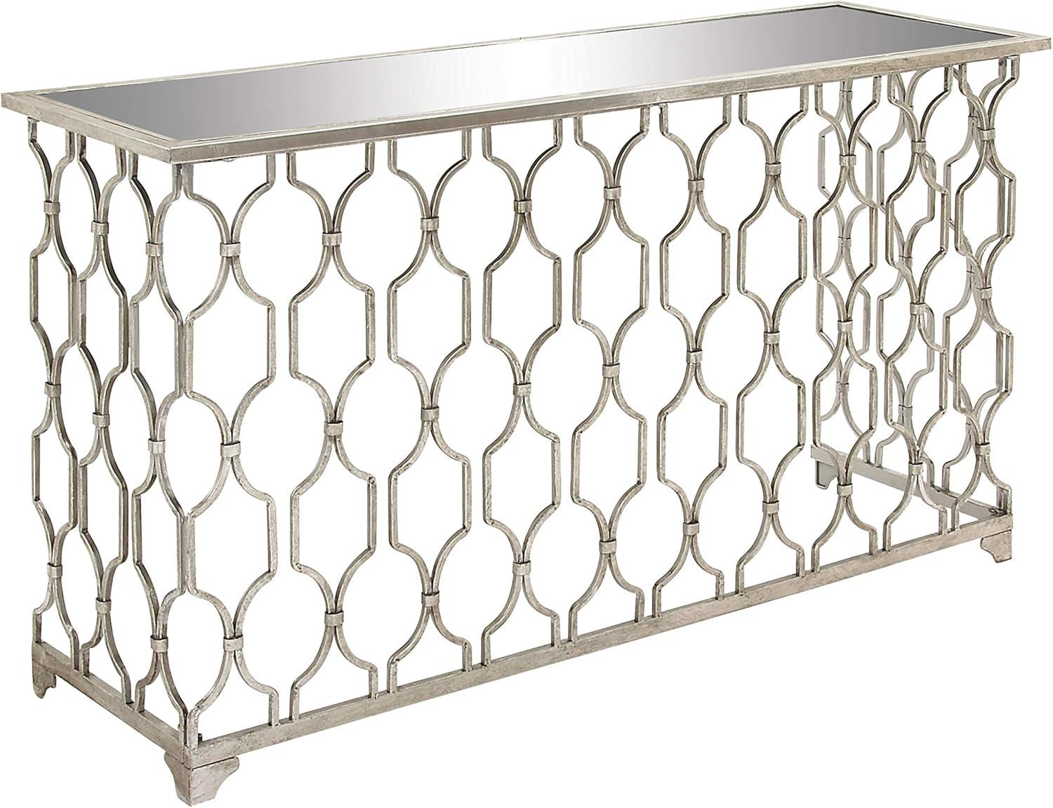 DecMode Contemporary Rectangular Metal with Mirror Top Console Table, 55"W x 32"H Features Silver Circular Trellis Pattern