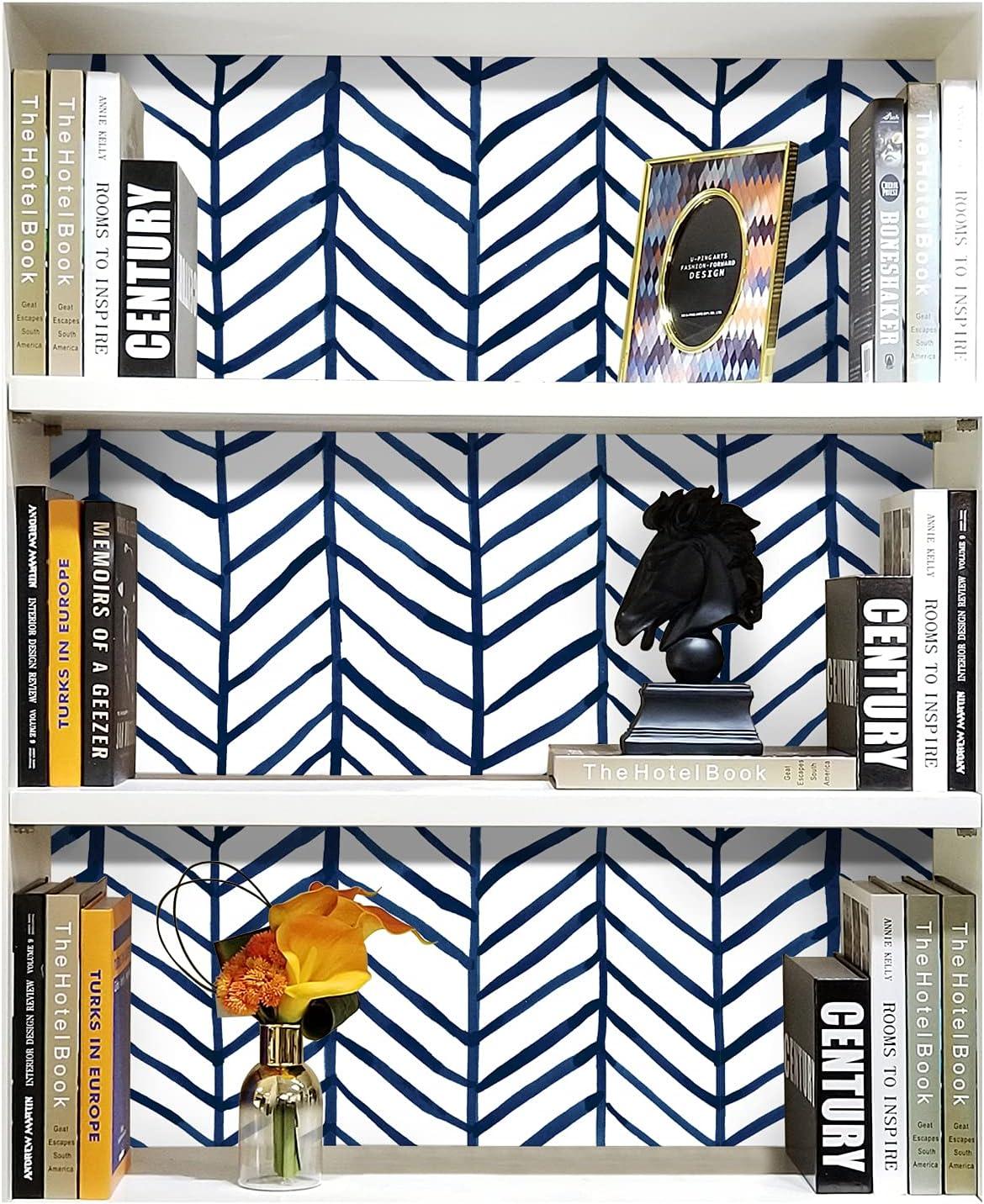 HAOKHOME Blue Wallpaper Navy Peel and Stick Wall Paper Modern Stripe for Bathroom Herringbone Removable Decoration 17.7in x 32.8ft