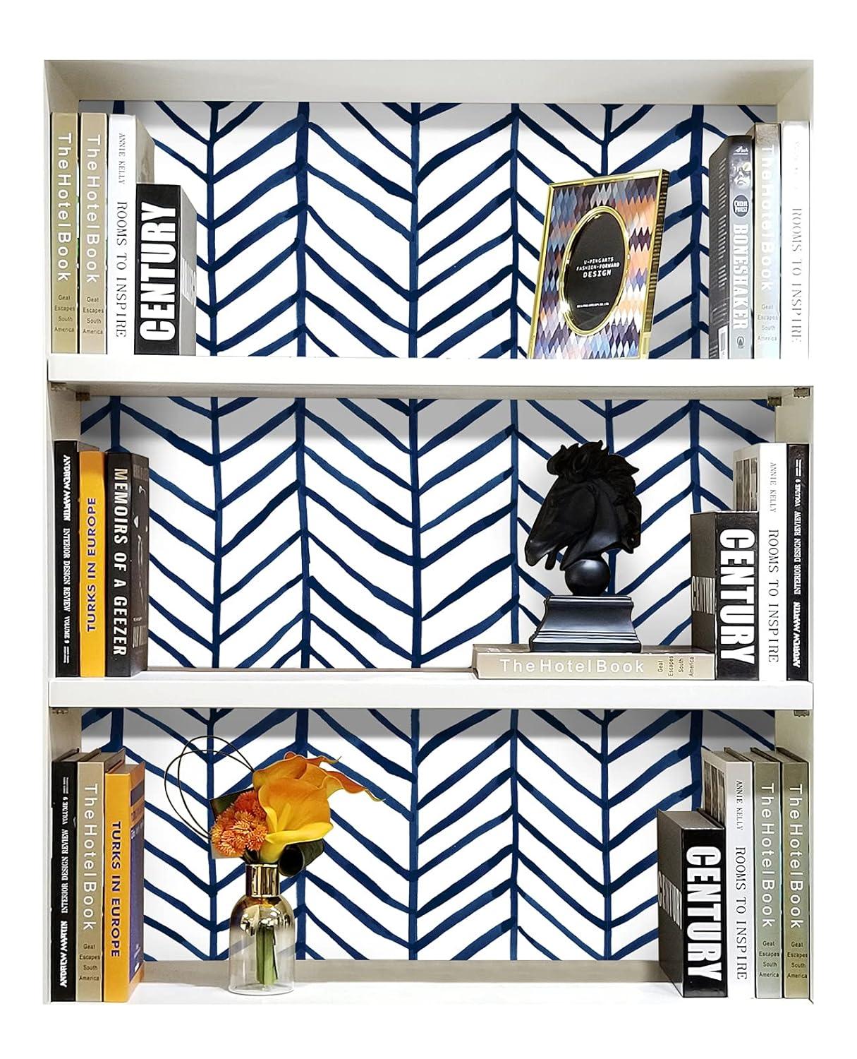 HAOKHOME Blue Wallpaper Navy Peel and Stick Wall Paper Modern Stripe for Bathroom Herringbone Removable Decoration 17.7in x 32.8ft