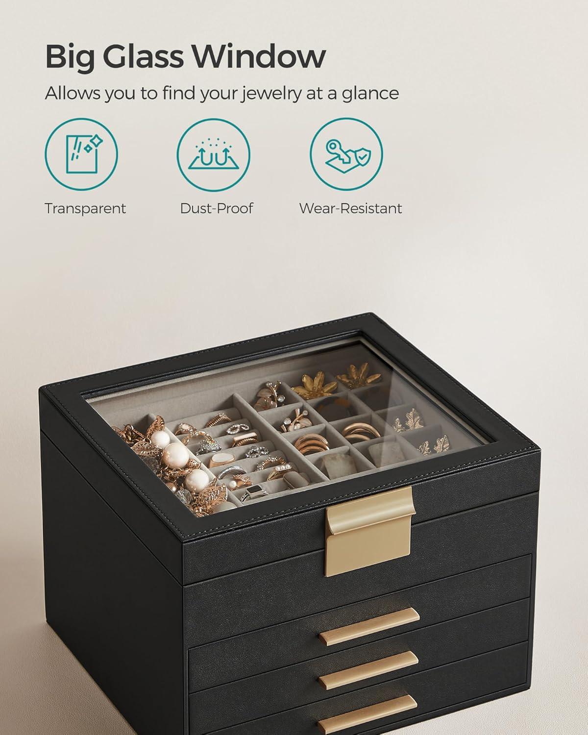 SONGMICS Jewelry Box Organizer with Glass Lid, 4-Layer Jewelry Storage, with 3 Drawers, Modern Style, 8 x 9.1 x 6.5 Inches, Graphite Black and Gold Color UJBC173B01