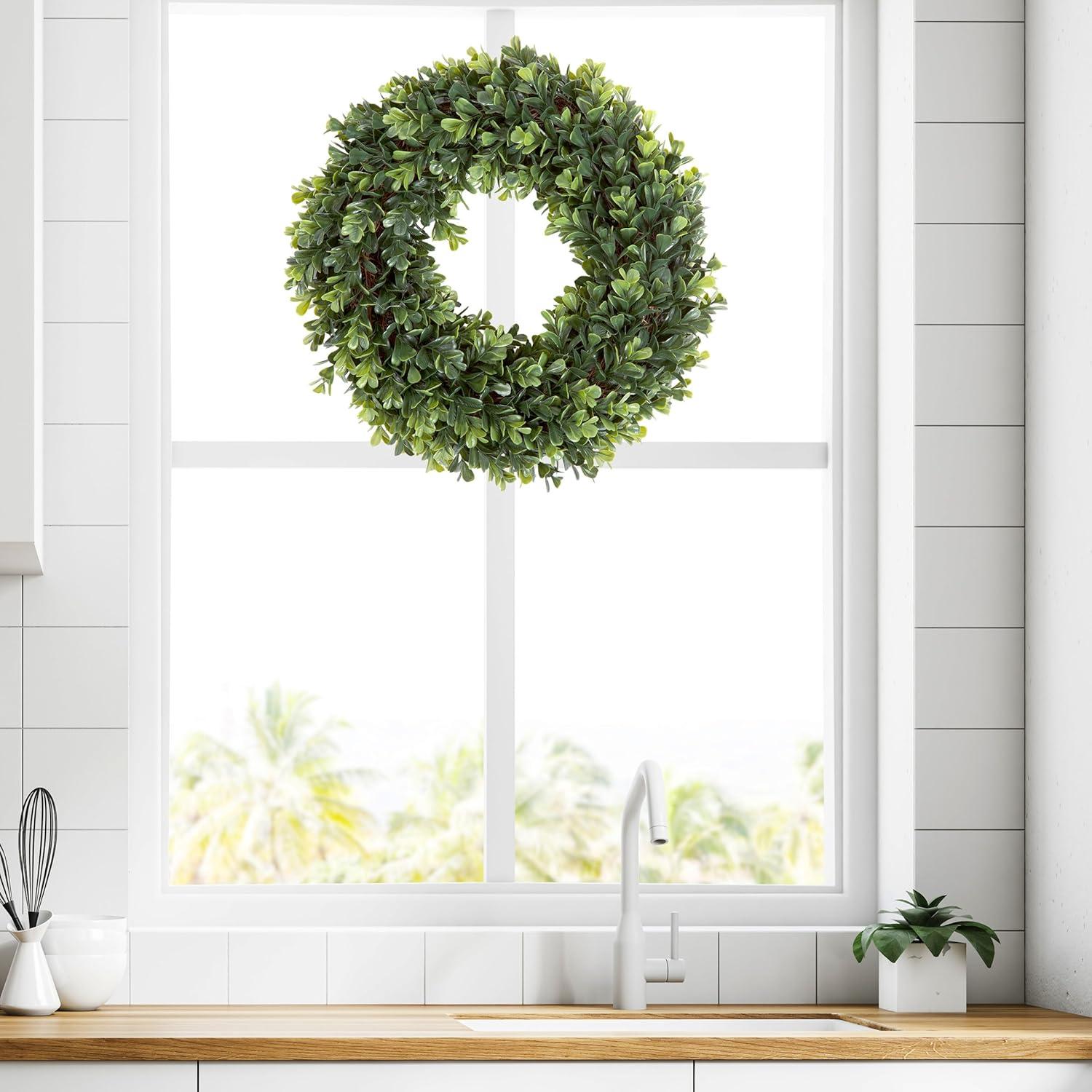 Artificial Boxwood Wreath - 12 Inch UV-Resistant Plastic Front Door Wreath and Window Decor for Spring and Summer by Pure Garden (Green)