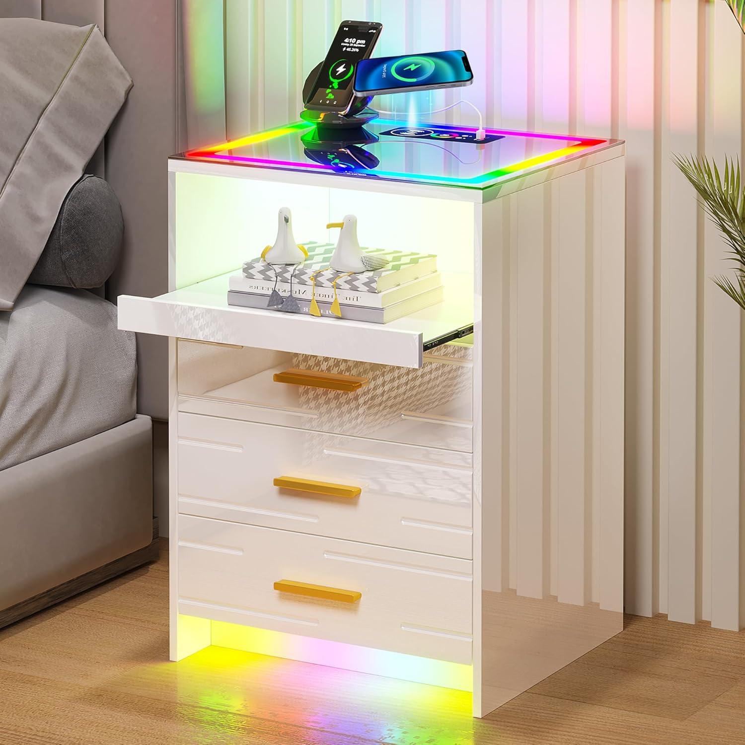 HNEBC Smart LED Nightstand with Wireless Charging & USB Ports, High Glossy Night Stand with 3 Drawers and 1 Pull-Out Tray, Modern Bedside Table with Human Sensor for Bedroom (White)