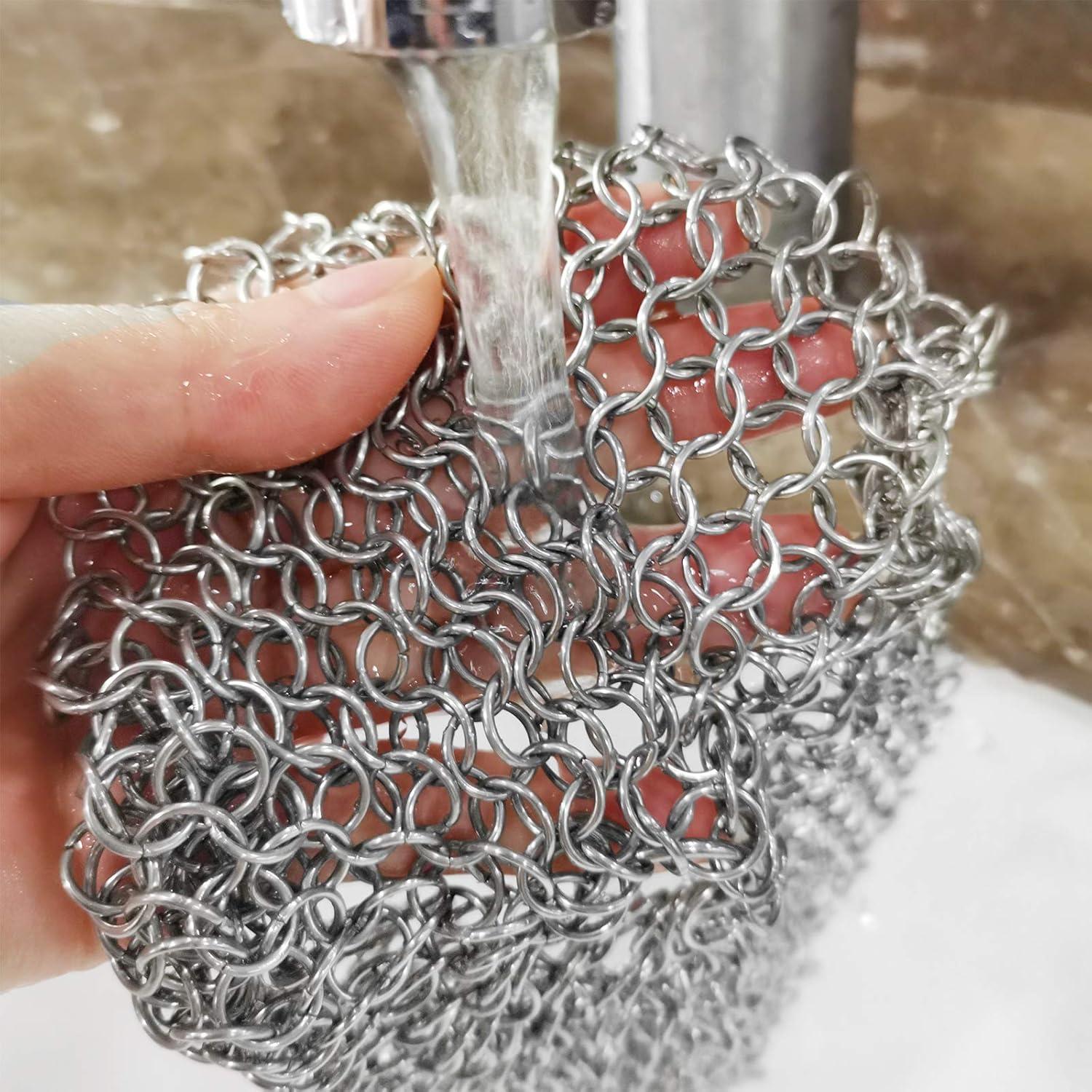 Cast Iron Scrubber 316 Stainless Steel Skillet Cleaner 8"x6" Chainmail Scrubber Scraper Chain Mail Link Scrub for Cast Iron Pre-Seasoned Pans, Griddles, BBQ Grills, and Pot Cookware Cleaning