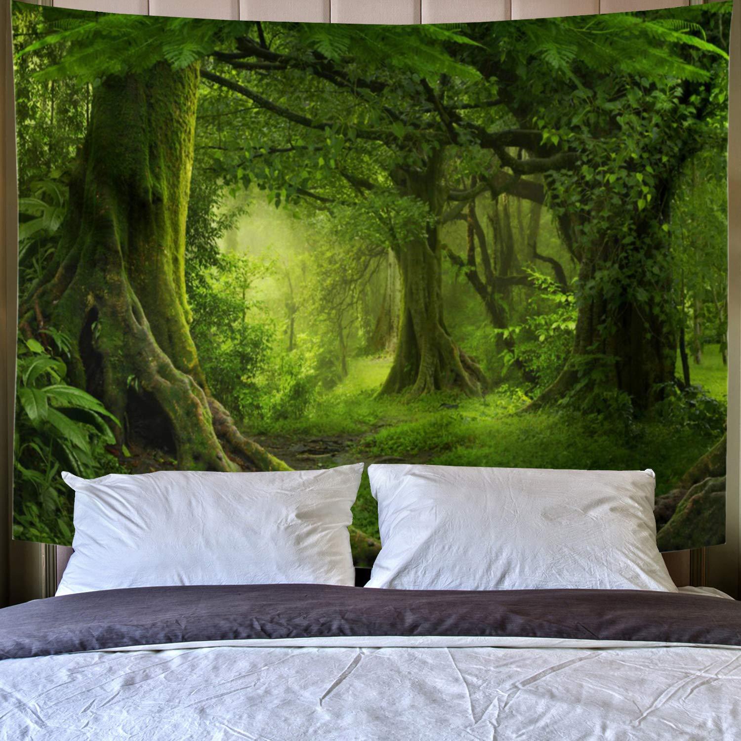 Misty Forest Tapestry Green Tree in Jungle Forest Tapestries Wall Hanging Nature Scenery Woodland Backdrop for Living Room Bedroom