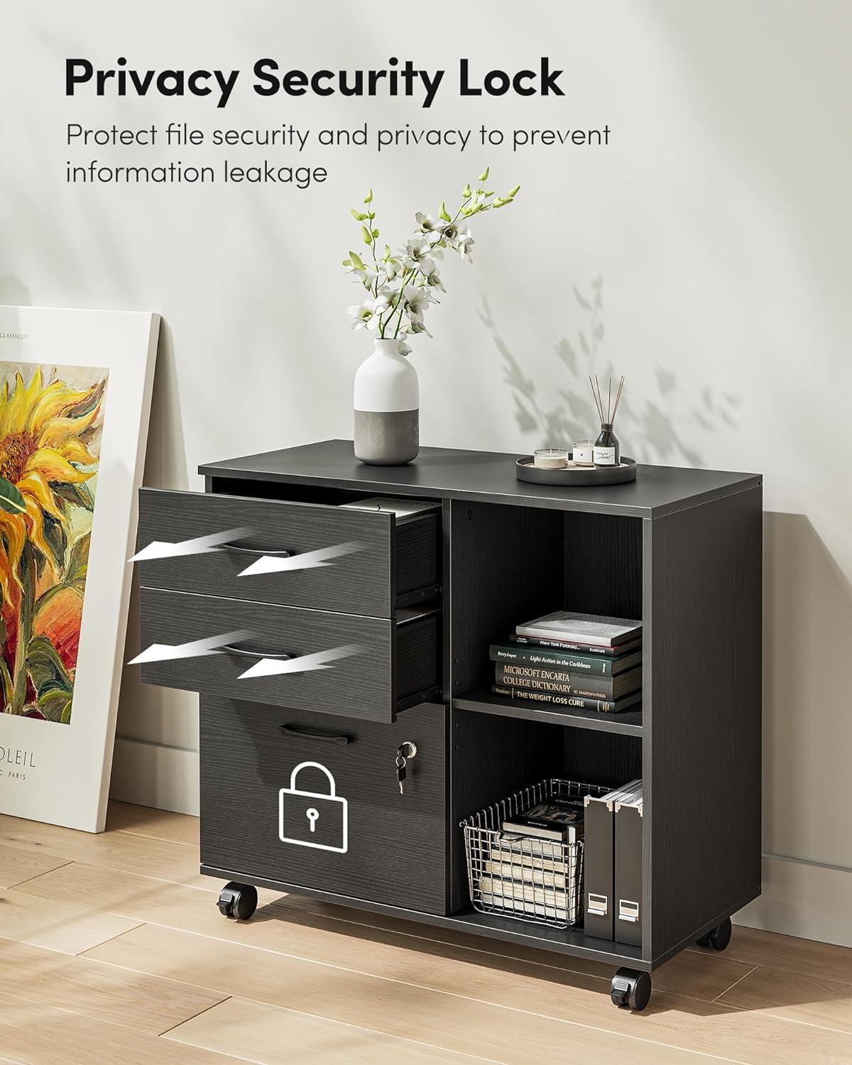 3-Drawer Mobile File Cabinet, Lateral Filing Cabinet with Lock, Printer Stand with Open Storage Shelves for Home Office, Filing Cabinets for Home Office, Black