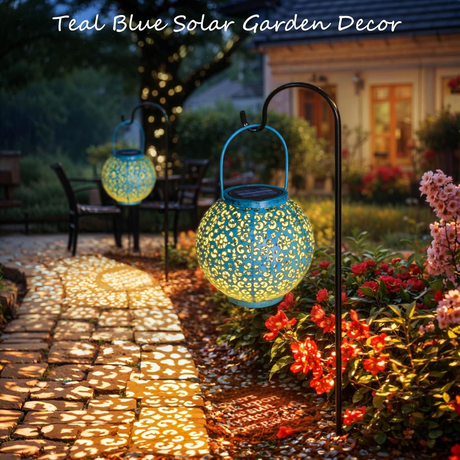 Solar Large Lantern Outdoor Hanging Lights Metal Decorative Garden Lights Waterproof Table Lamp for Patio, Courtyard, Party Decorations (1 Pack, Teal Blue)