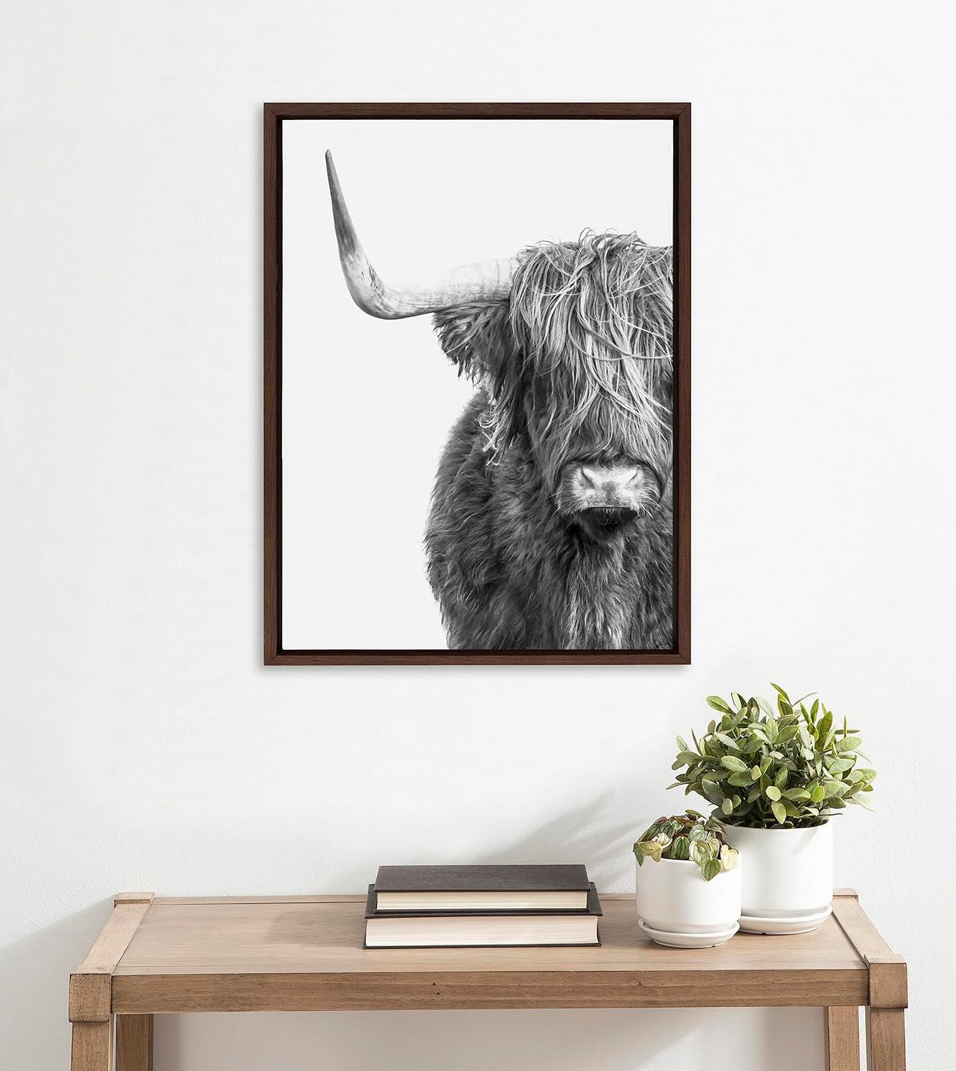 Kate and Laurel Sylvie B&W Highland Cow No. 1 Framed Canvas Wall Art by Amy Peterson Art Studio, 18x24 Brown, Black and White Animal Portrait Art